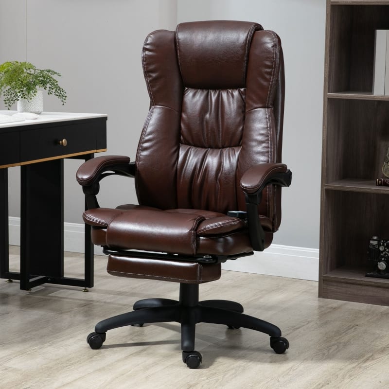 Anysun - High-Back PU Leather Swivel Chair with Reclining and Retractable Footrest - Brown