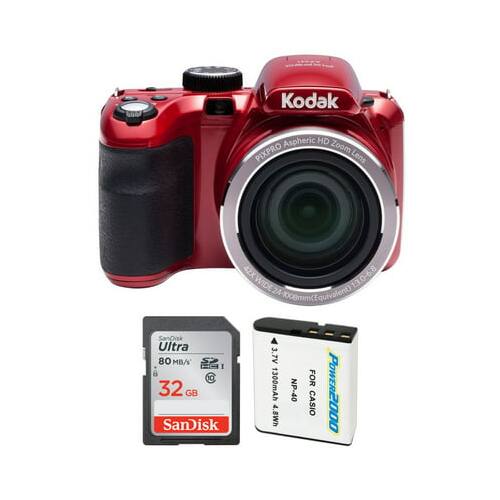 The image features a red Kodak camera with a zoom lens, along with a SanDisk memory card and a battery. The camera is sitting on top of the memory card, and the battery is placed next to it. The memory card is advertised as having a capacity of 32 GB and a speed of 80 MB/s. The camera is designed to be used with a 42x wide-angle lens, providing a wide field of view for capturing images and videos.
