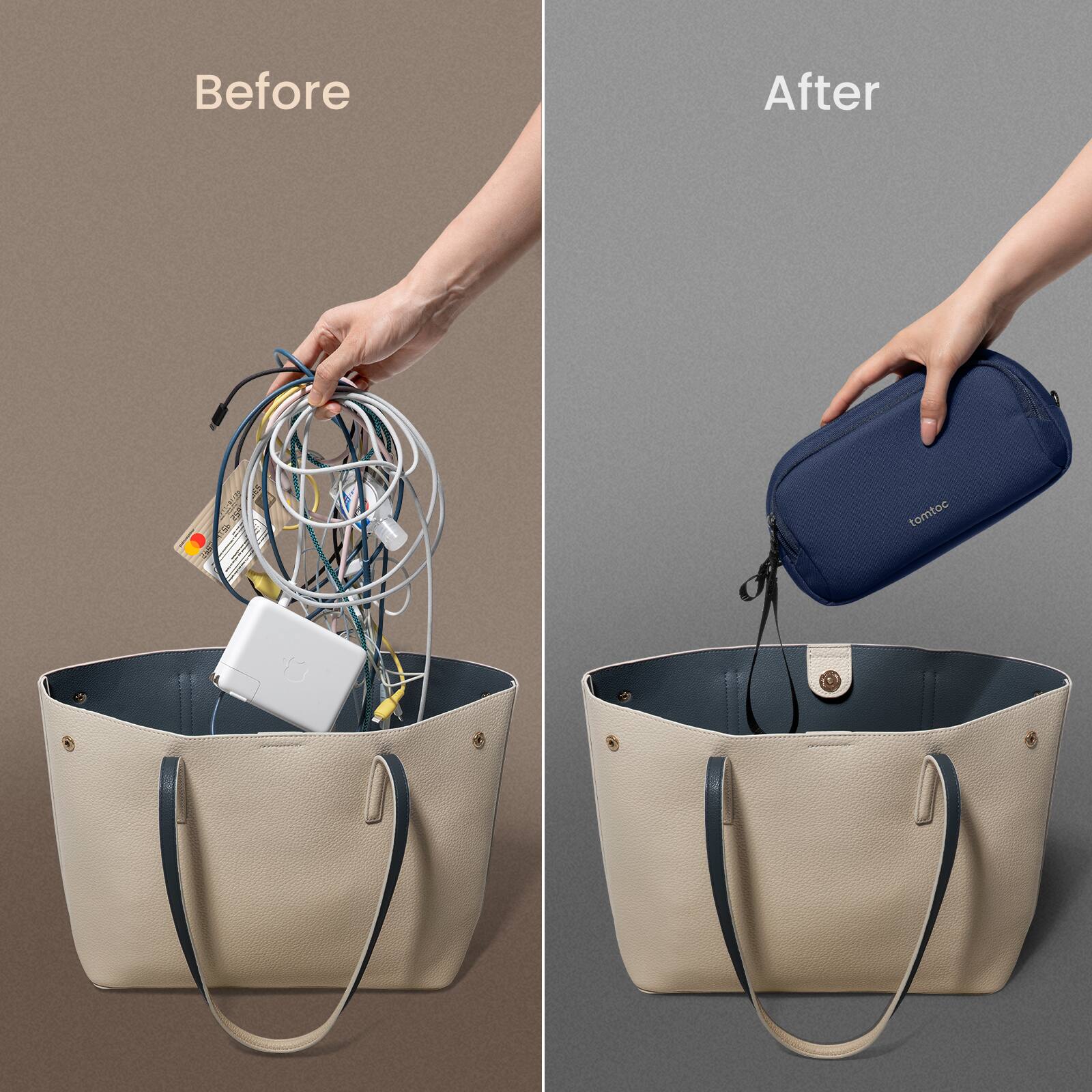 Before: A hand holding a bag full of cords.
After: A hand holding a bag with a cell phone in it.