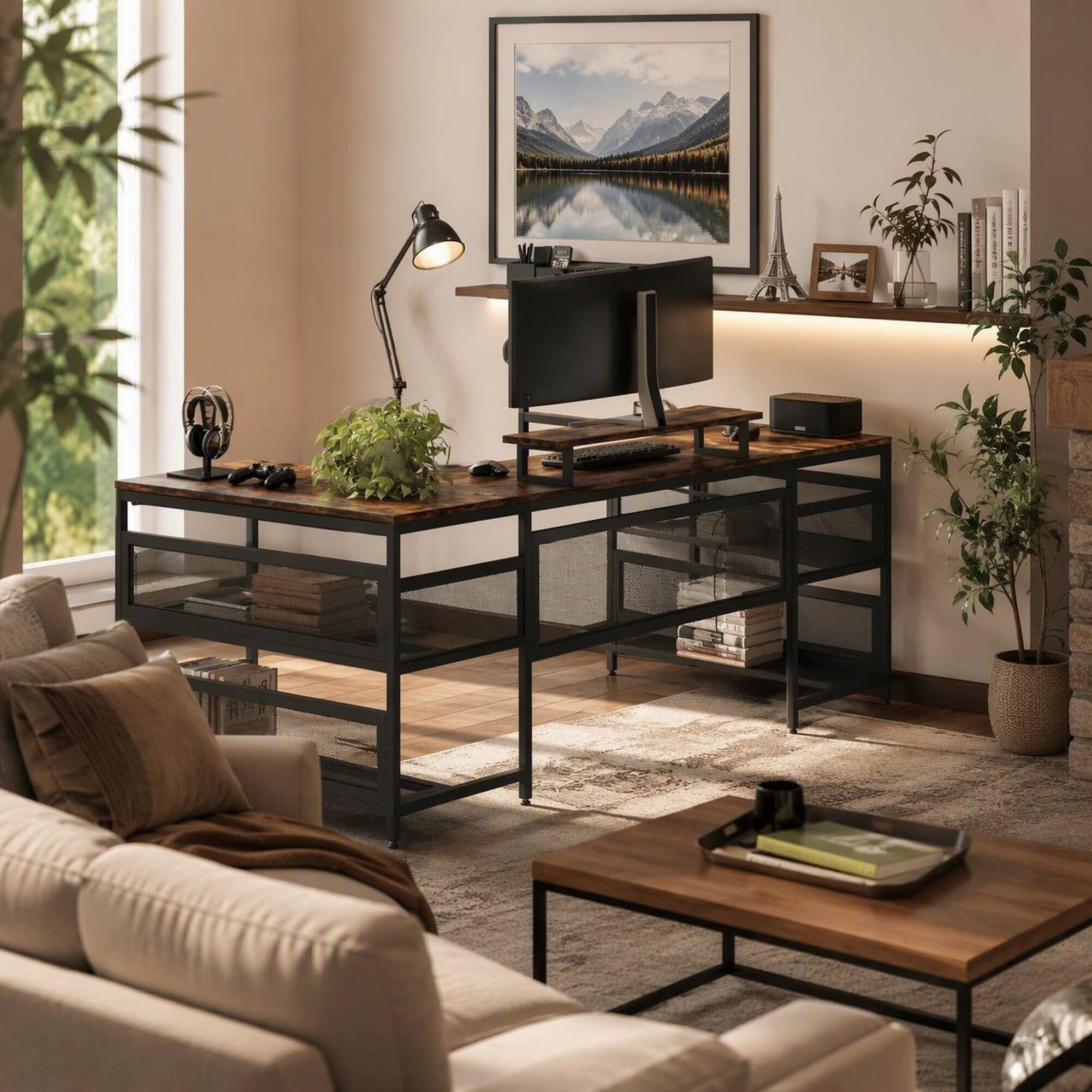 Back. RYHNUYNE - U Shaped Desk, 82x43x35 inches, Metal Frame and MDF Board, Power Outlets, LED Strip, Monitor Stand, Storage Shelves - Brown.