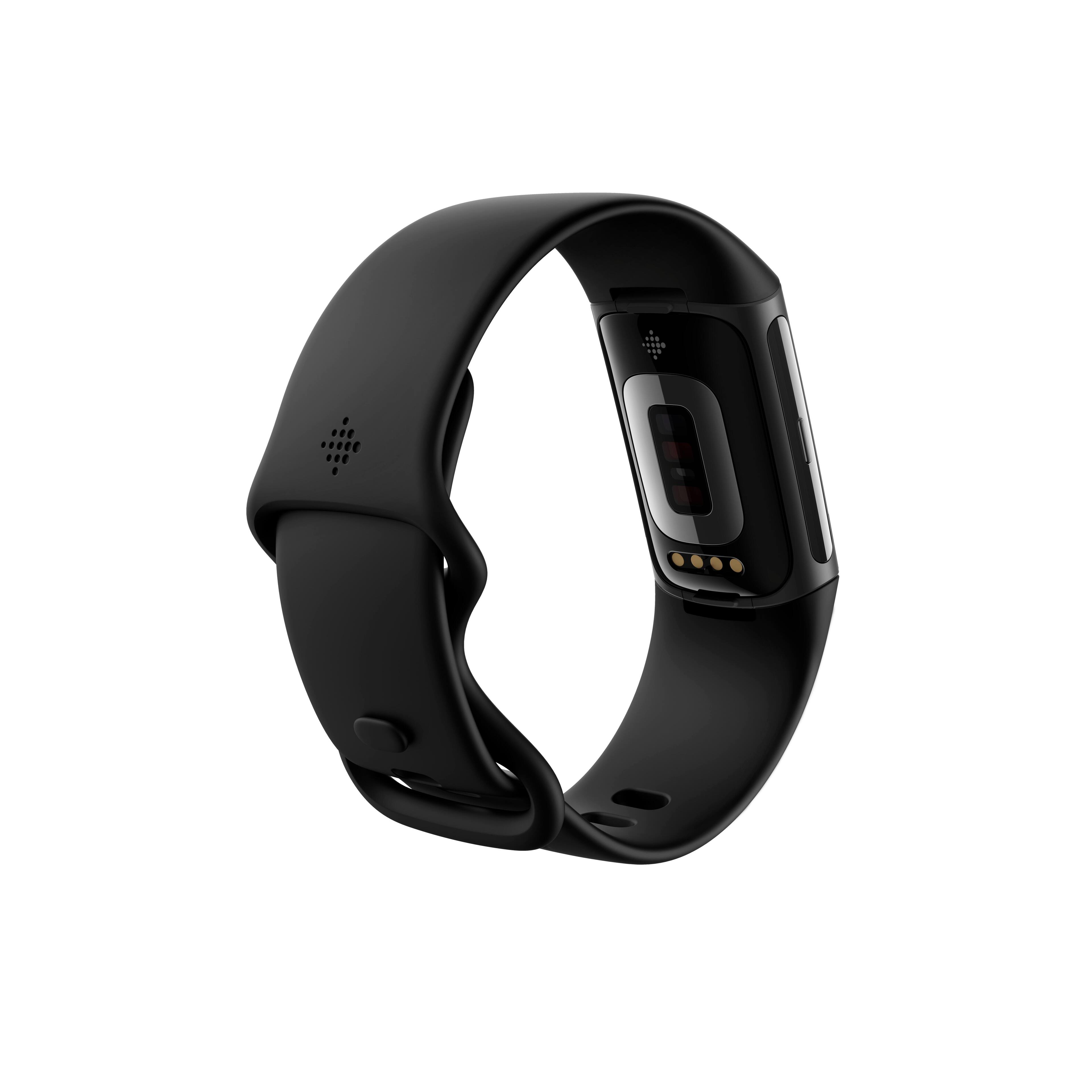 The image shows a black fitness tracker with a rectangular screen and several sensors on the side.