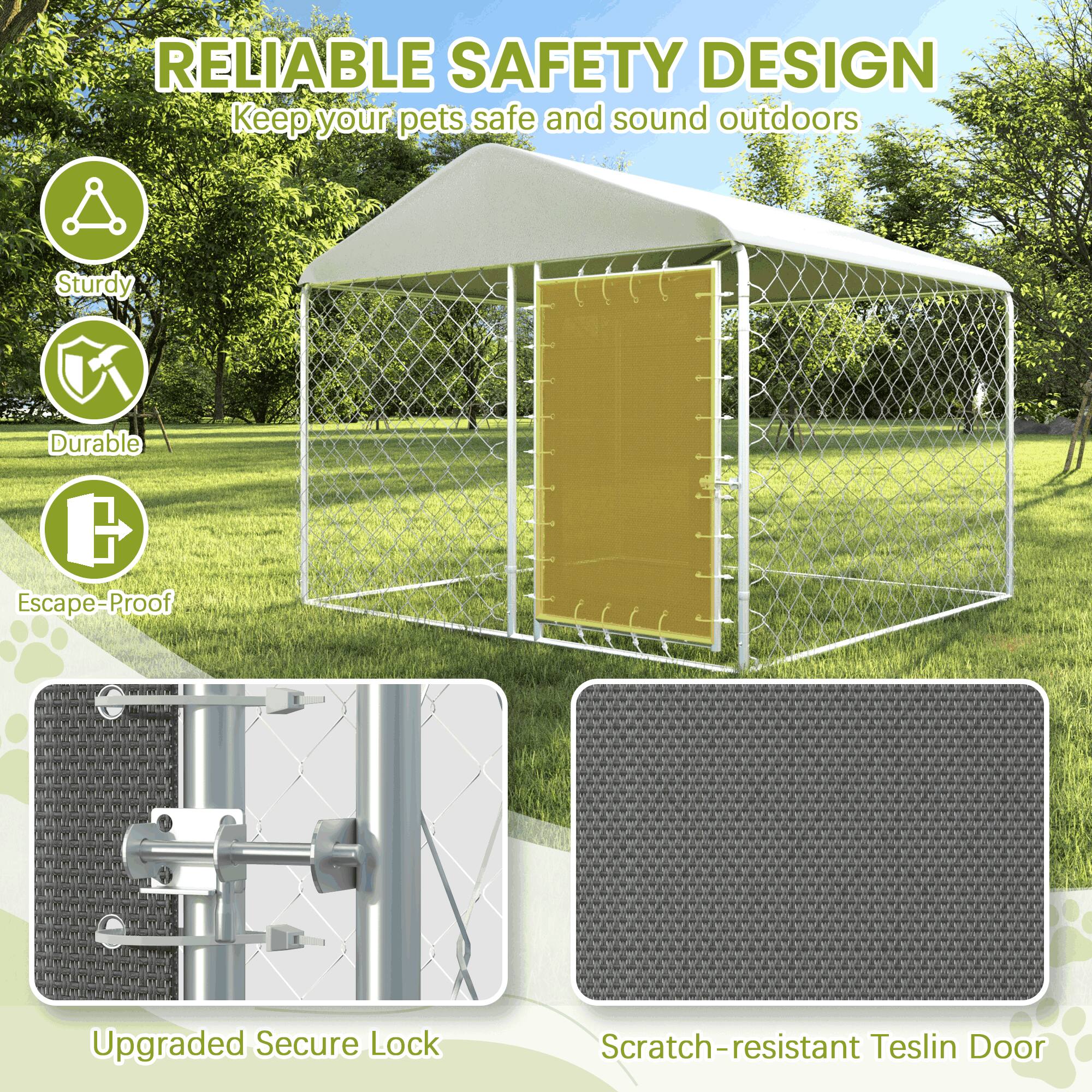 RELIABLE SAFETY DESIGN  
Keep your pets safe and sound outdoors  

- Sturdy  
- Durable  
- Escape-Proof  

Upgraded Secure Lock  

Scratch-resistant Teslin Door