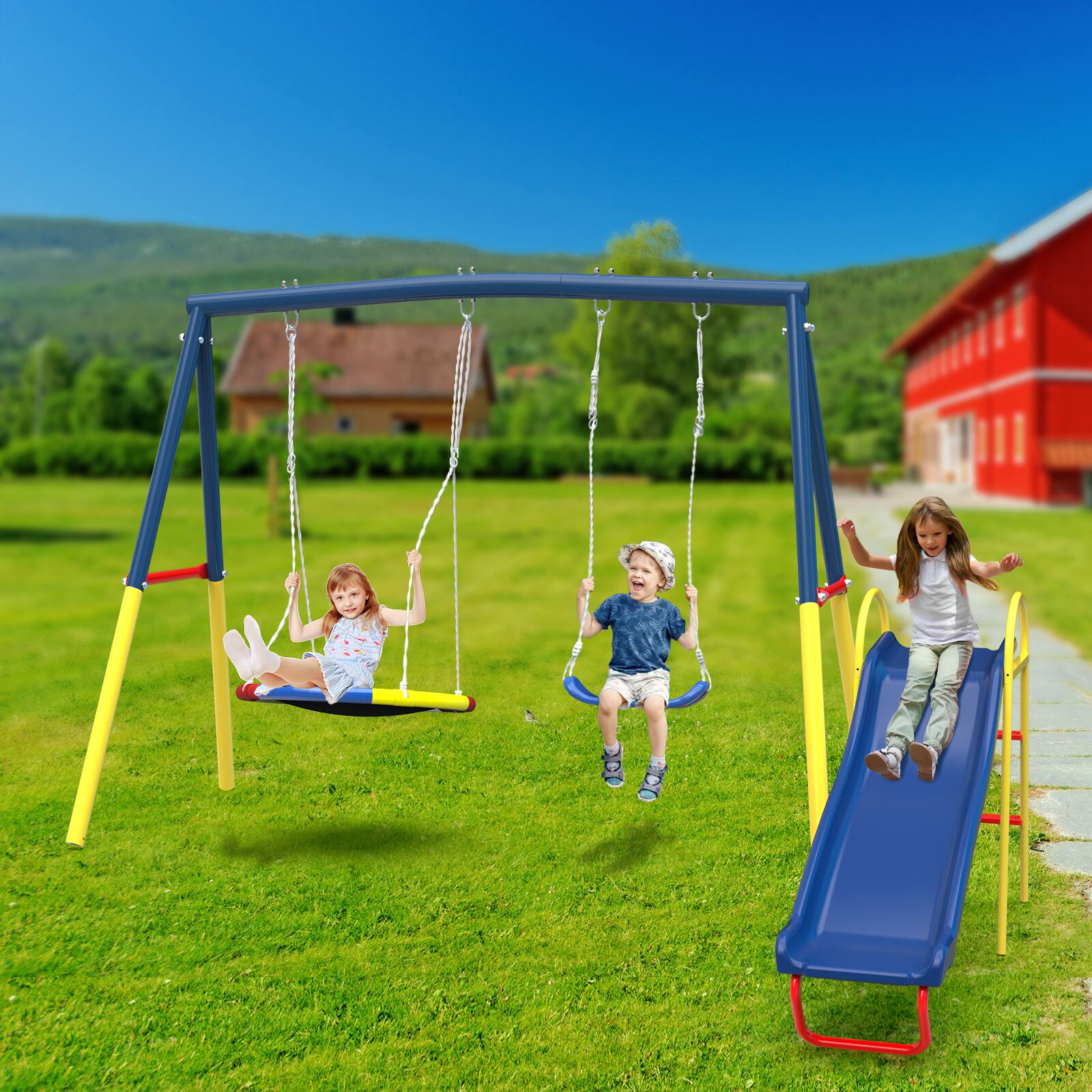 Alt View 2. Siljoy - 3‑in‑1 Swing Set with Slide, Saucer Swing & Belt Swing, Heavy‑Duty Metal, for Backyard, ASTM Certified - Blue.