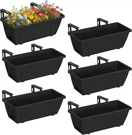 Oumilen - 6-Pack Railing Planter Boxes, Black Adjustable Hook Rectangular Window Planters with Drainage & Tray for Fence Balcony