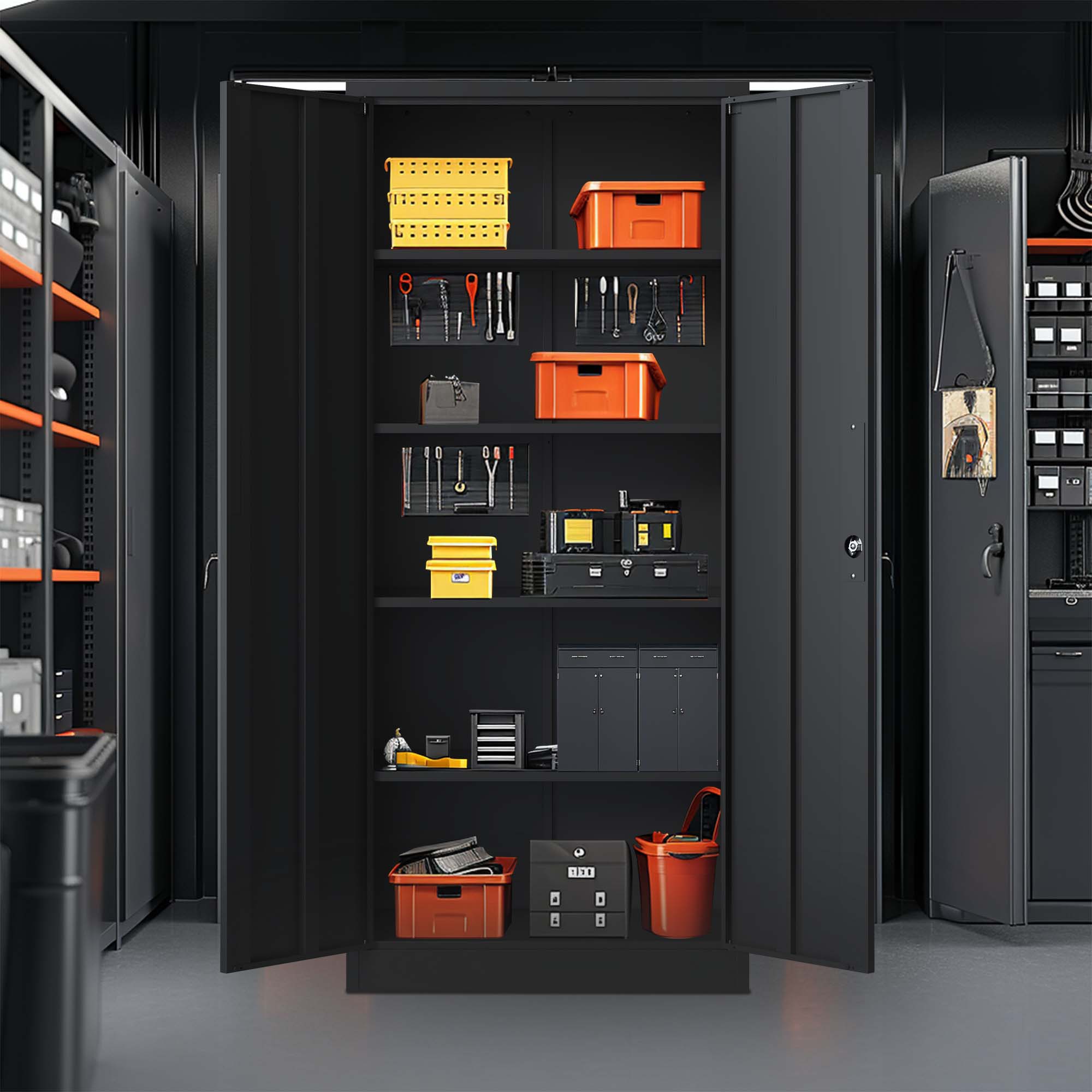 Alt View 1. Boyel Living - 72"H Metal Garage Storage Cabinet, Black Steel Tall Locking Cabinet with Doors & 4 Shelves - Black.