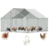 Front. VEVOR - Large Metal Chicken Coop, 9.8 x 9.8 x 6.6 ft, Walk-in Chicken Run House with Waterproof Cover & Sturdy Frame - Silver.