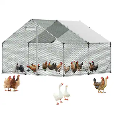 Front. VEVOR - Large Metal Chicken Coop, 9.8 x 9.8 x 6.6 ft, Walk-in Chicken Run House with Waterproof Cover & Sturdy Frame - Silver.
