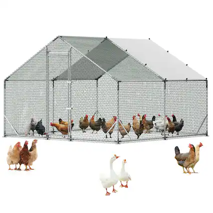 Front. VEVOR - Large Metal Chicken Coop, 9.8 x 9.8 x 6.6 ft, Walk-in Chicken Run House with Waterproof Cover & Sturdy Frame - Silver.