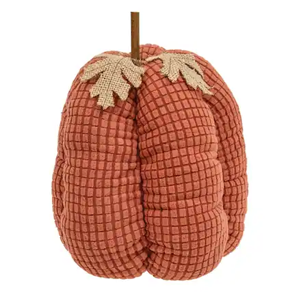 Front. BreeBe - Stuffed Orange Waffle Weave Pumpkin w/Burlap Leaves - 9"H - Orange.