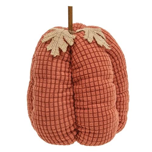 Front. BreeBe - Stuffed Orange Waffle Weave Pumpkin w/Burlap Leaves - 9"H - Orange.