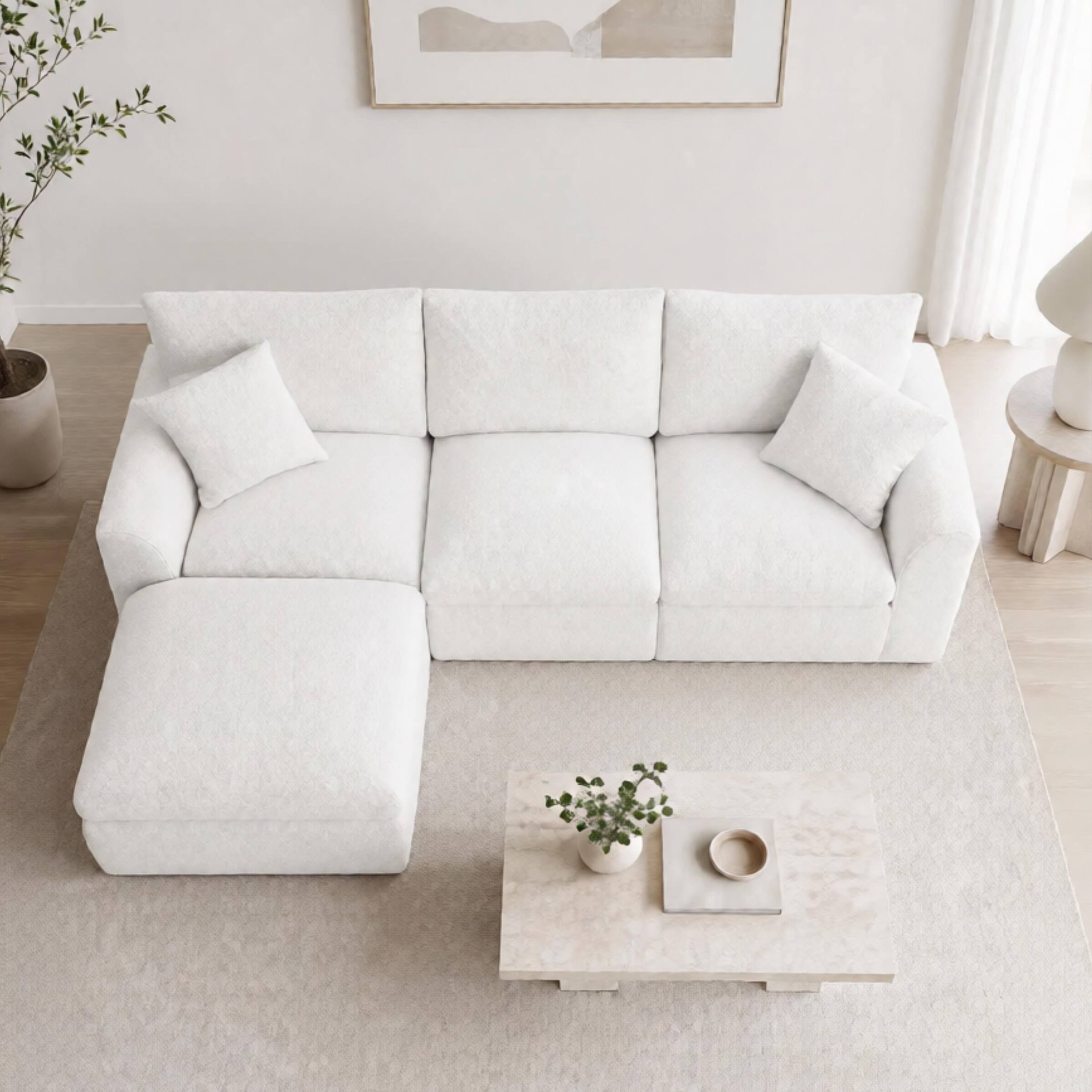 Angle. Anysun - Chenille Compressed Freely Combinable Frame-Free Modular Sectional Sofa, Foam Without Springs, Ottoman Included - Milk White.