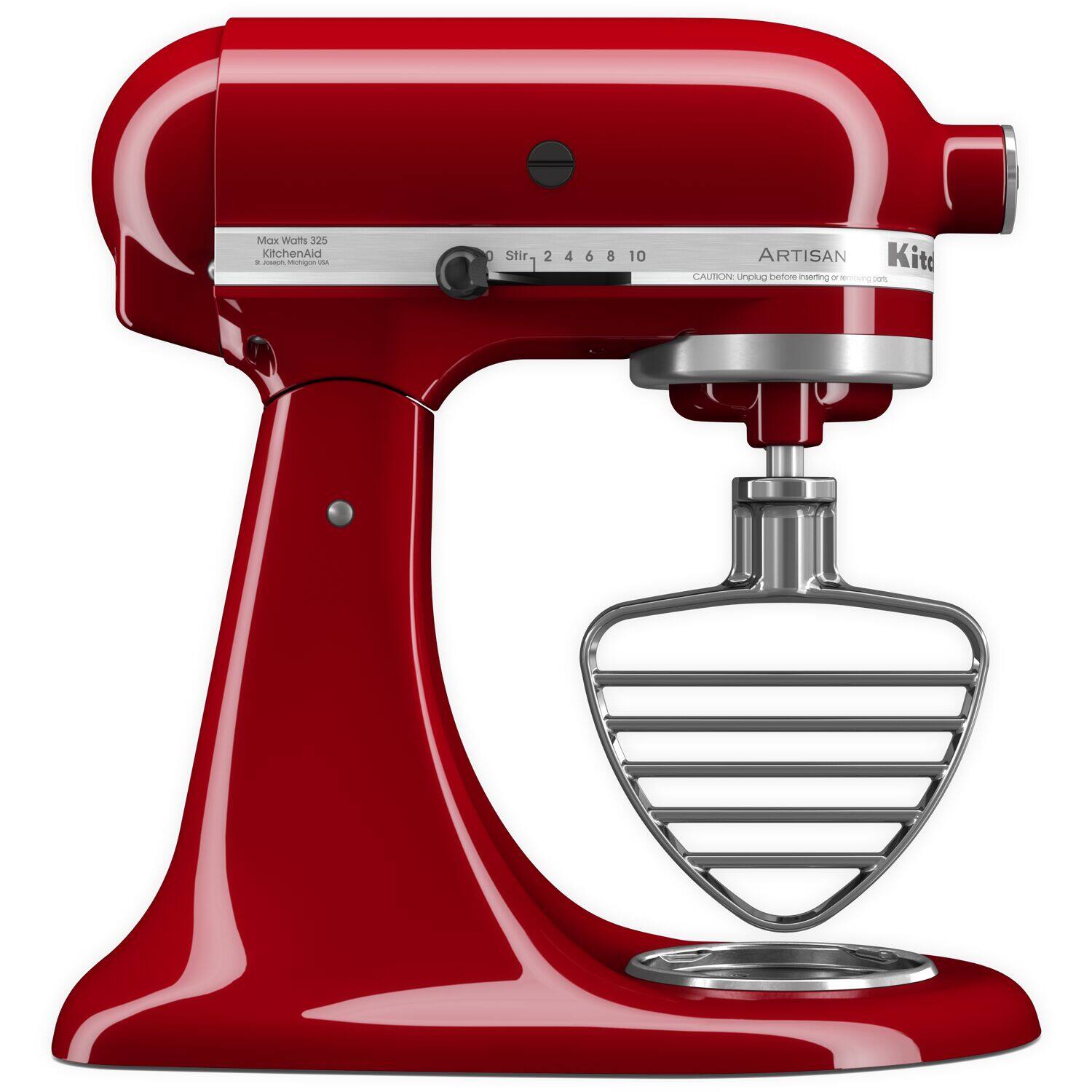 The text on the image reads: "Mix w/ 325 KitchenAid. - - - 0 Stir 2 4 6 8 10 ARTISAN KitchenAid." This text is likely meant to provide instructions for using the red mixer, which is a KitchenAid brand. The instructions indicate that the mixer should be used with 325 KitchenAid and that the user should stir the contents at various intervals, such as 2, 4, 6, 8, and 10 seconds. The mixer is designed to be an artisan kitchen appliance, which suggests that it is intended for professional or high-quality culinary use.