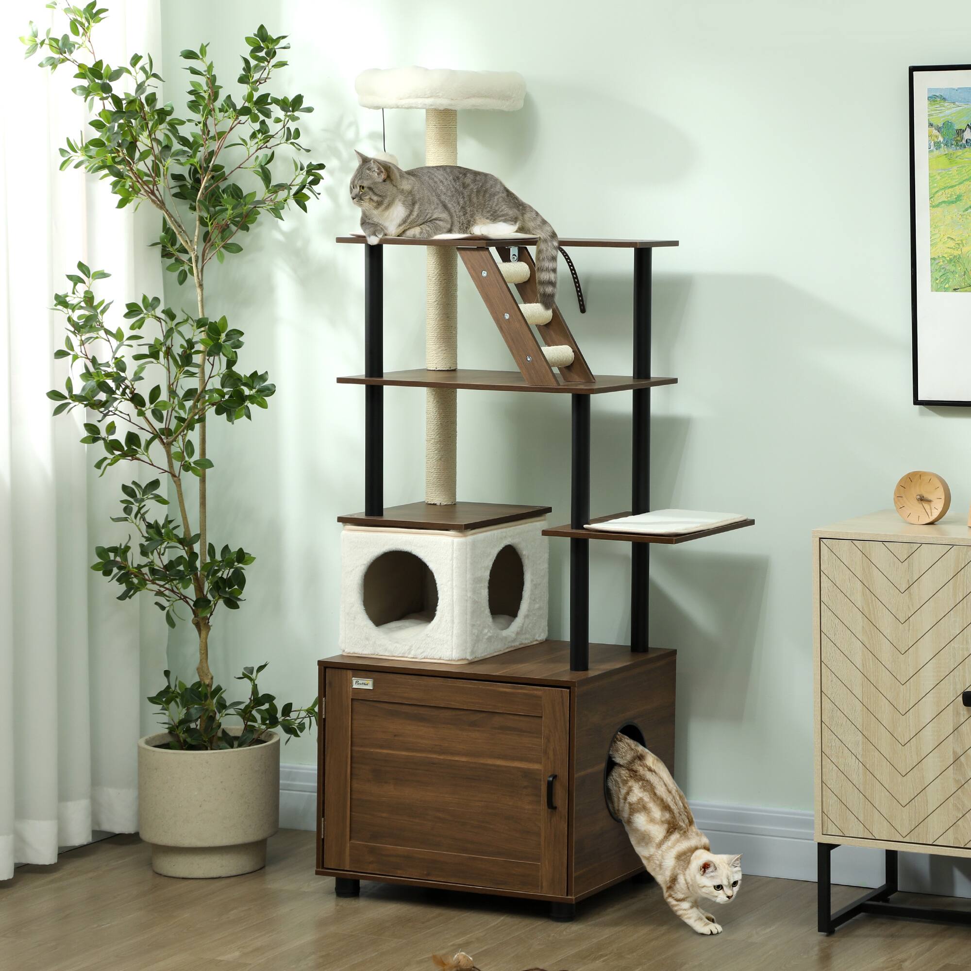 Angle. Pawhut - 68.5" Cat Tree with Litter Box Enclosure, 2 in 1 Cat Tower, Litter Box Furniture, Washable Cushions, Ball Toy - Brown.