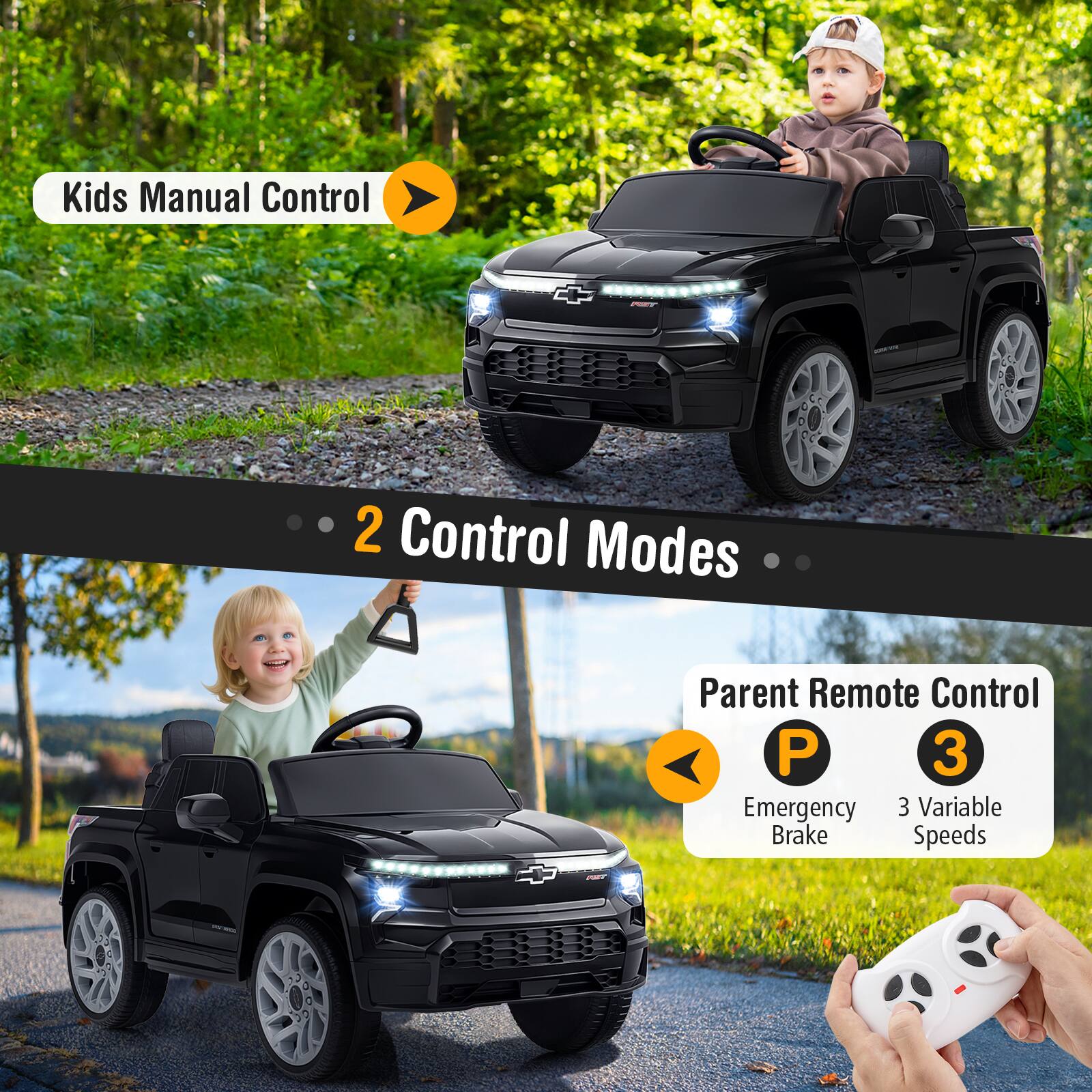 Kids Manual Control

2 Control Modes

Parent Remote Control

Emergency Brake

3 Variable Speeds