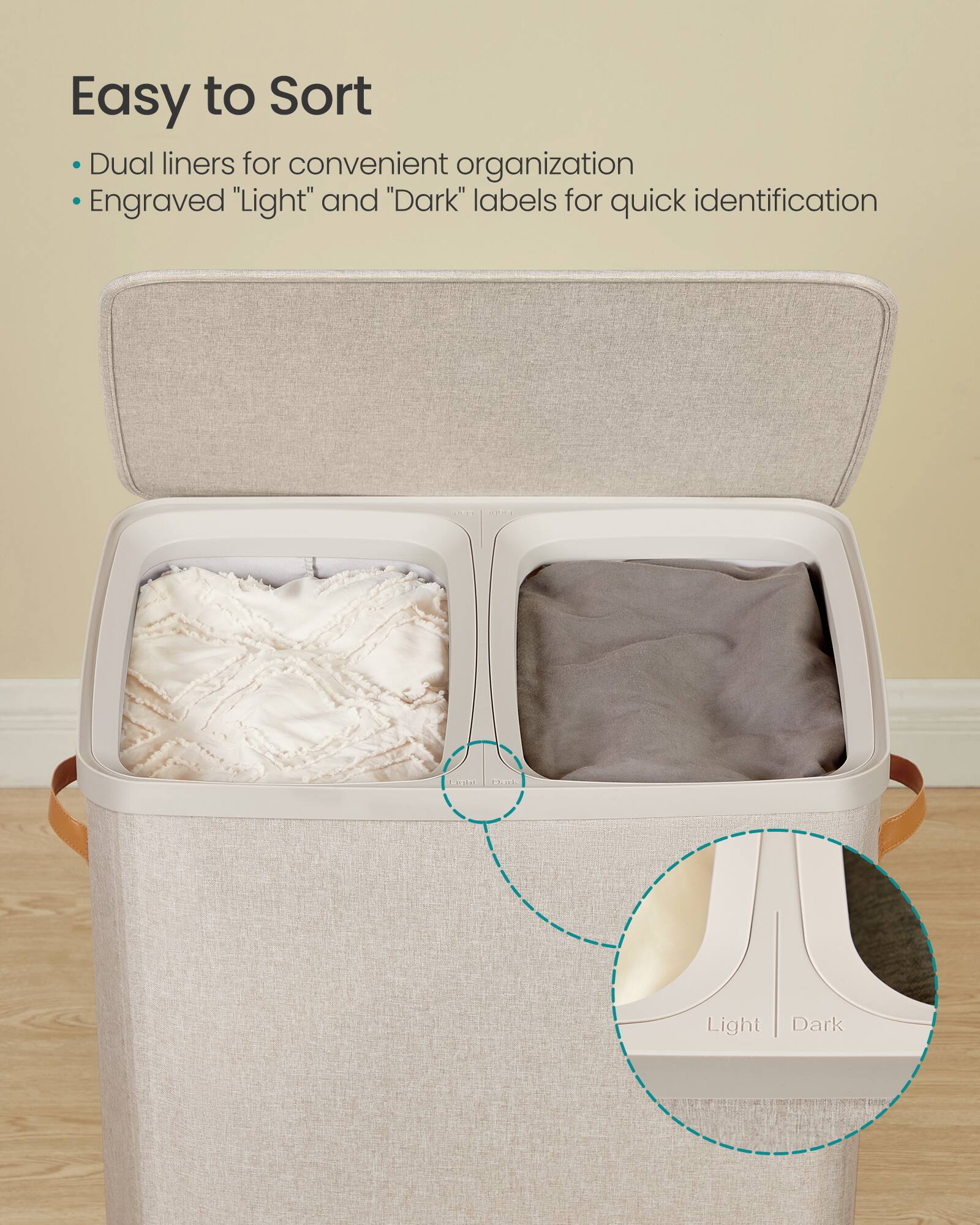Easy to Sort Dual liners for convenient organization Engraved "Light" and "Dark" labels for quick identification