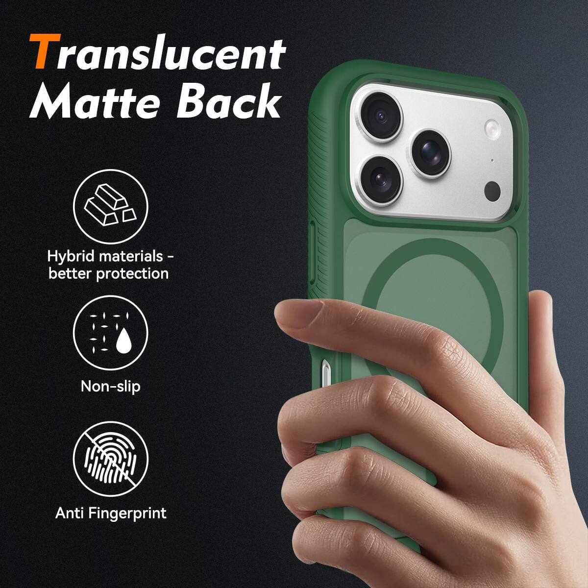 Translucent Matte Back  
Hybrid materials - better protection  
Non-slip  
Anti Fingerprint