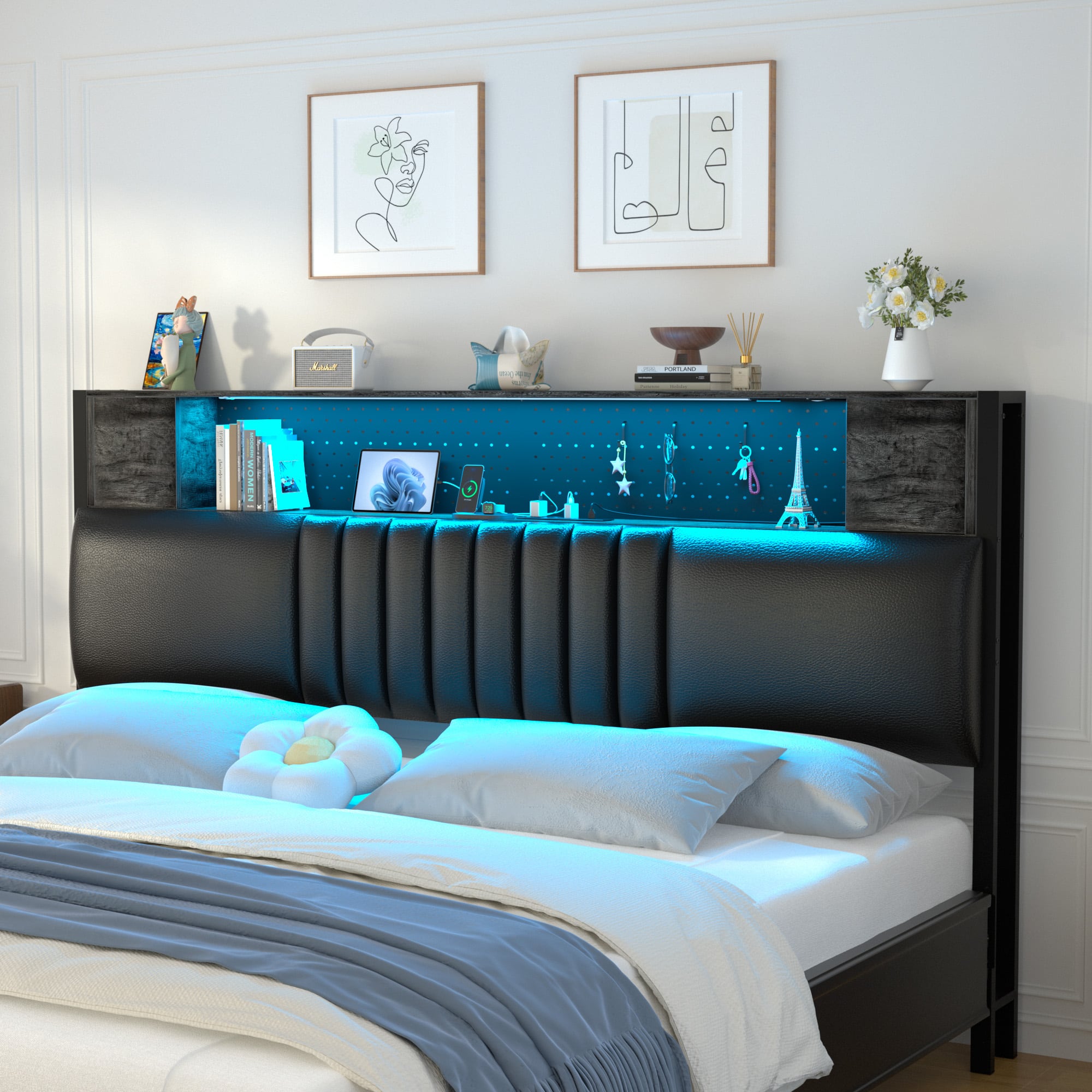 Aheaplus - Queen Size Storage Headboard, Upholstered Headboard with Cabinets, LED Light, and Charging Station - Gray Oak