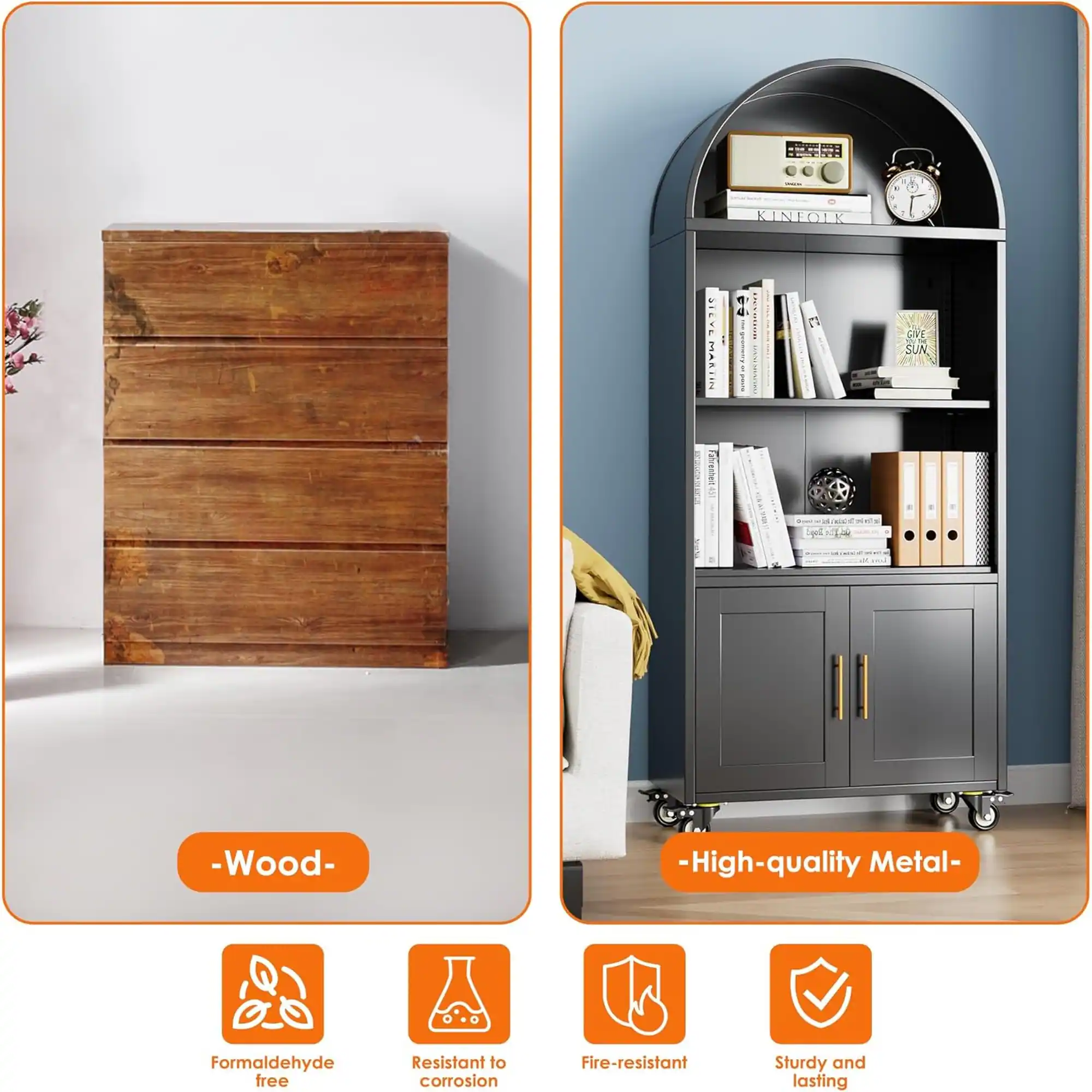 - Wood
- High-quality Metal
- Formaldehyde free
- Resistant to corrosion
- Fire-resistant
- Sturdy and lasting