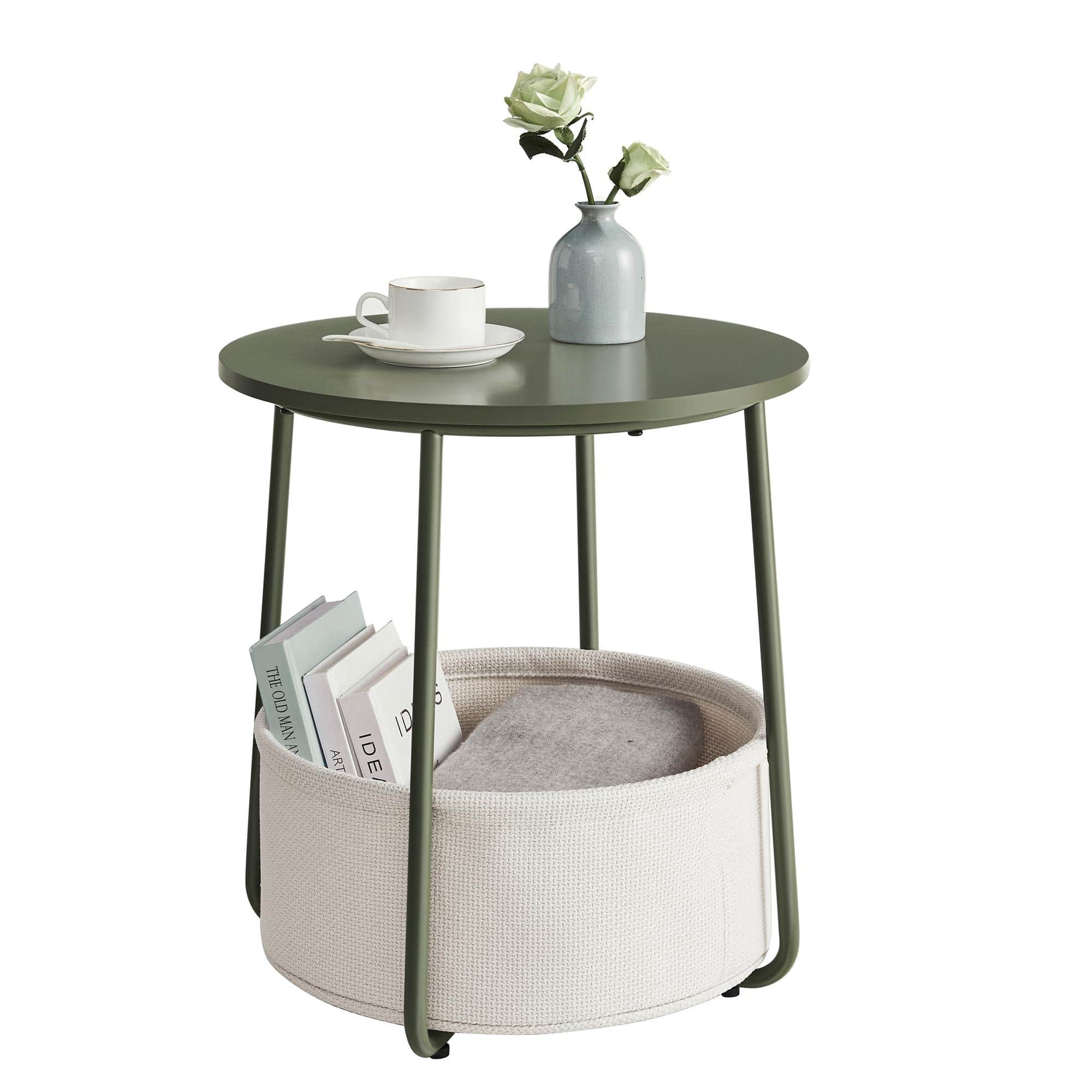 JETRANSPORT - Lilea Collection - Small Round Side End Table Modern Nightstand With Fabric Basket Matte White And Camel Brow - Forest Green + Cream White Round Without LED