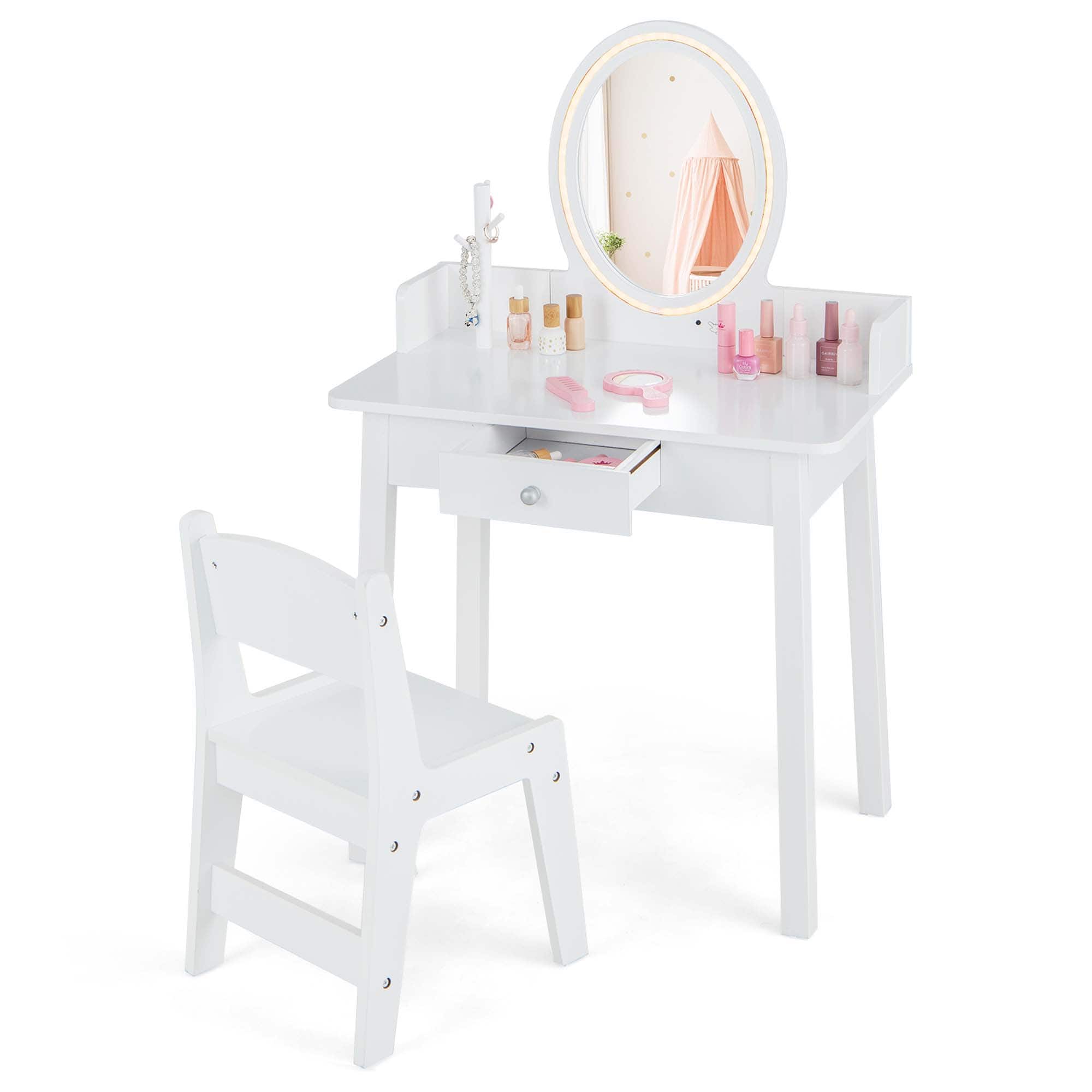 Front. Costway - Costway Kids Vanity Set with Lighted Mirror Chair 2-Color LED Lighting for Girls Makeup - White.