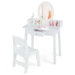Costway - Kids Vanity Set with Lighted Mirror Chair 2-Color LED Lighting for Girls Makeup - White