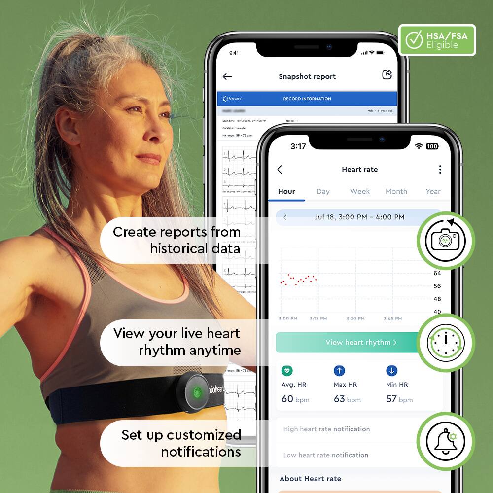 - HSA/FSA Eligible Snapshot report
- Create reports from historical data
- View your live heart rhythm anytime
- Set up customized notifications

Heart rate:
- Avg. HR: 60 bpm
- Max HR: 63 bpm
- Min HR: 57 bpm

- High heart rate notification
- Low heart rate notification

About Heart rate
