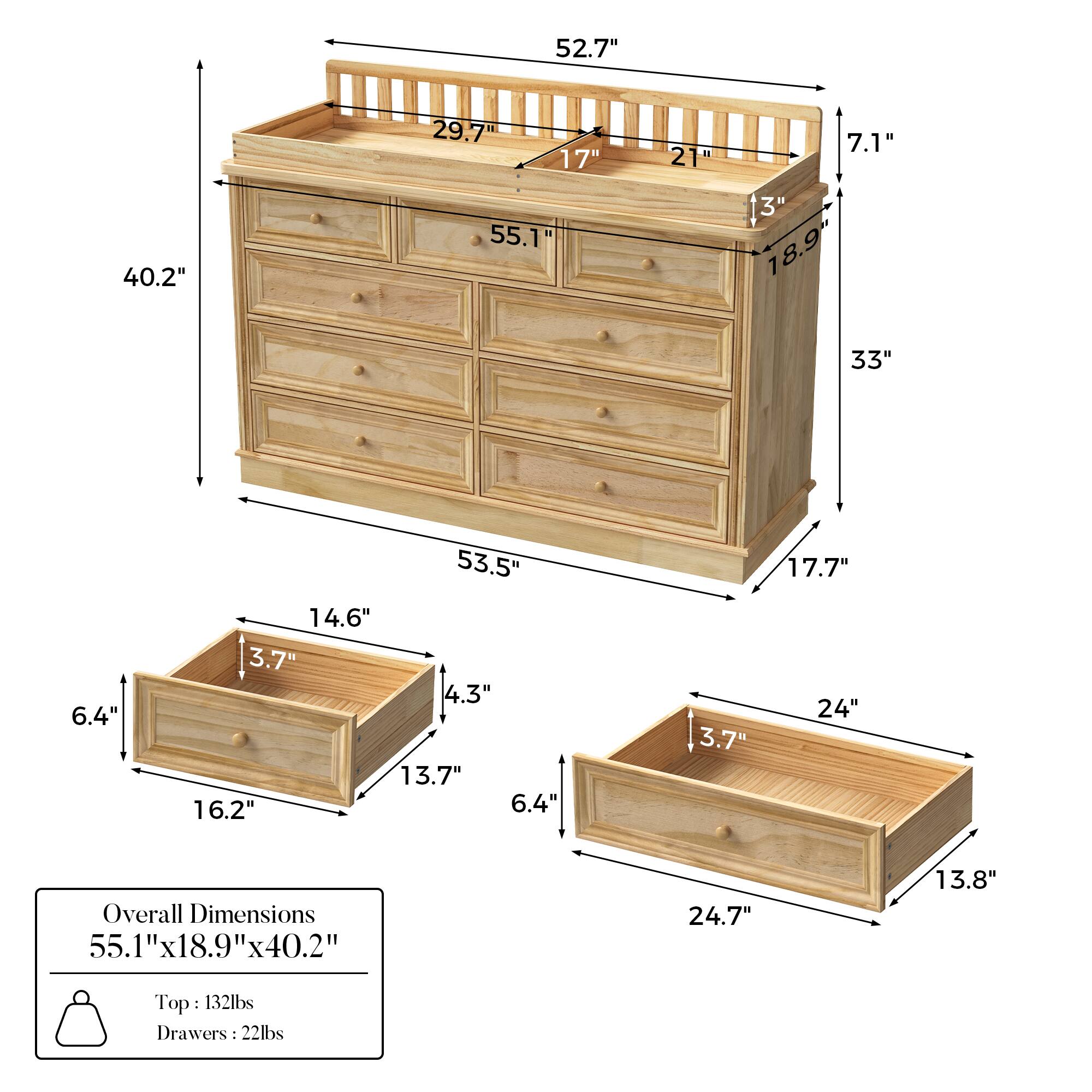 Overall Dimensions: 55.1" x 18.9" x 40.2"

Top: 132 lbs
Drawers: 22 lbs

- 52.7"
- 40.2"
- 29.7"
- 17"
- 55.1"
- 21"
- 7.1"
- 13"
- 18.9"
- 33"
- 6.4"
- 53.5"
- 14.6"
- 3.7"
- 4.3"
- 13.7"
- 16.2"
- 3.7"
- 17.7"
- 24"
- 24.7"
- 13.8"