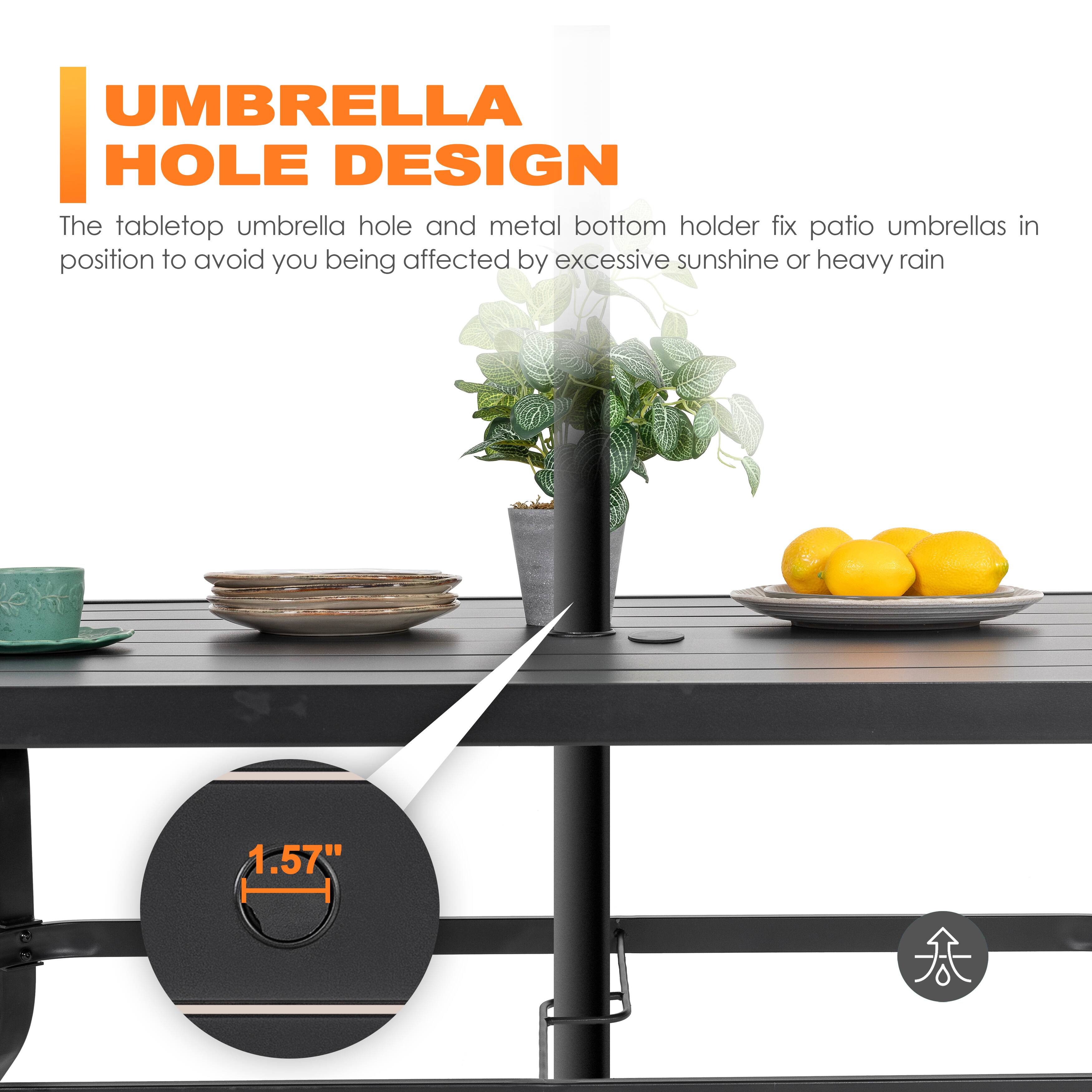 **UMBRELLA HOLE DESIGN**

The tabletop umbrella hole and metal bottom holder fix patio umbrellas in position to avoid you being affected by excessive sunshine or heavy rain.

1.57"