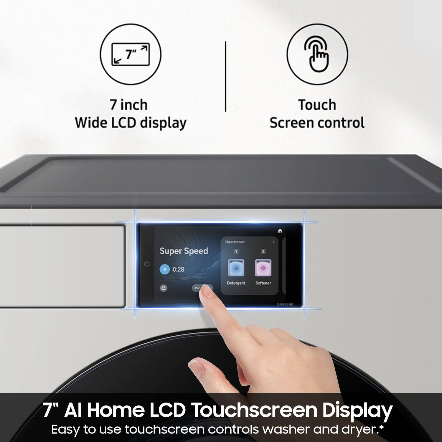 The text on the image is about a 7" Wide LCD display Touch Screen control with Super Speed Depenser. It is easy to use touchscreen controls for a washer and dryer.