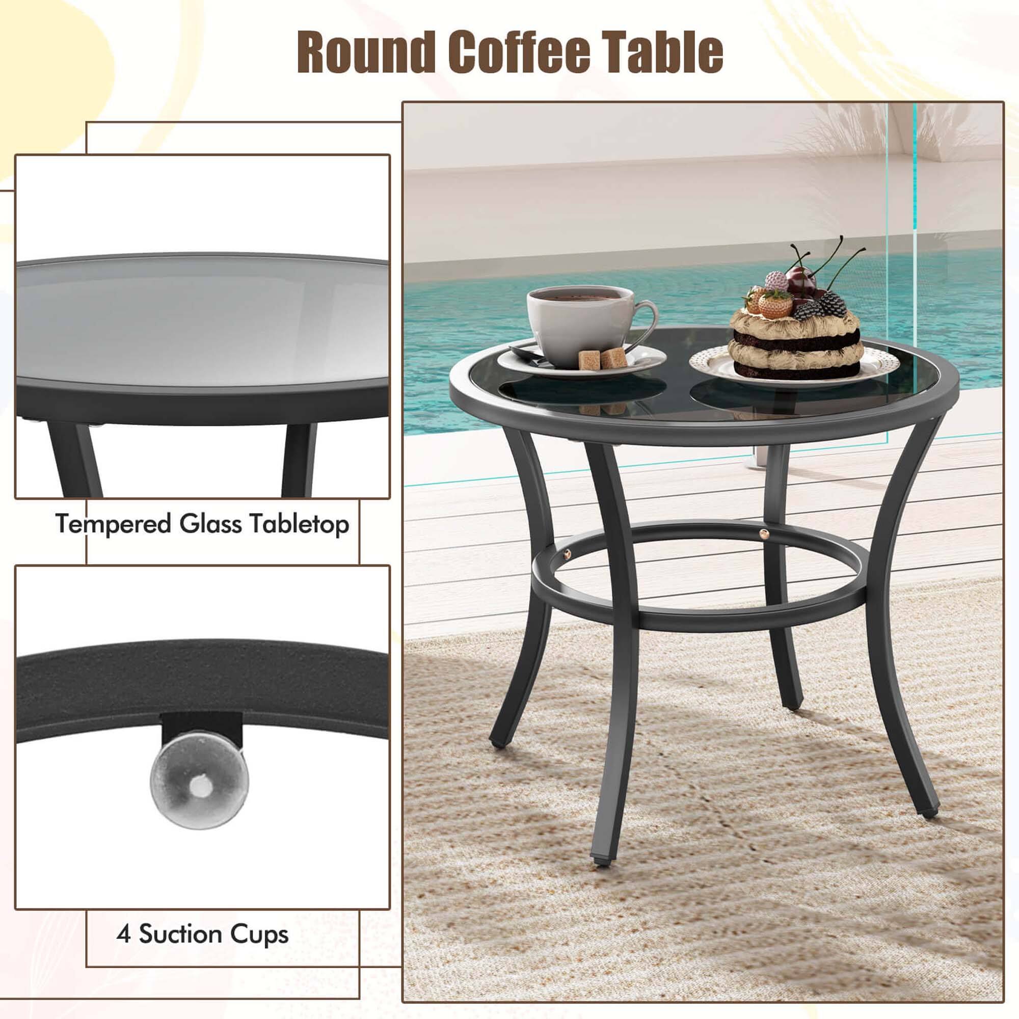 Round Coffee Table

- Tempered Glass Tabletop
- 4 Suction Cups