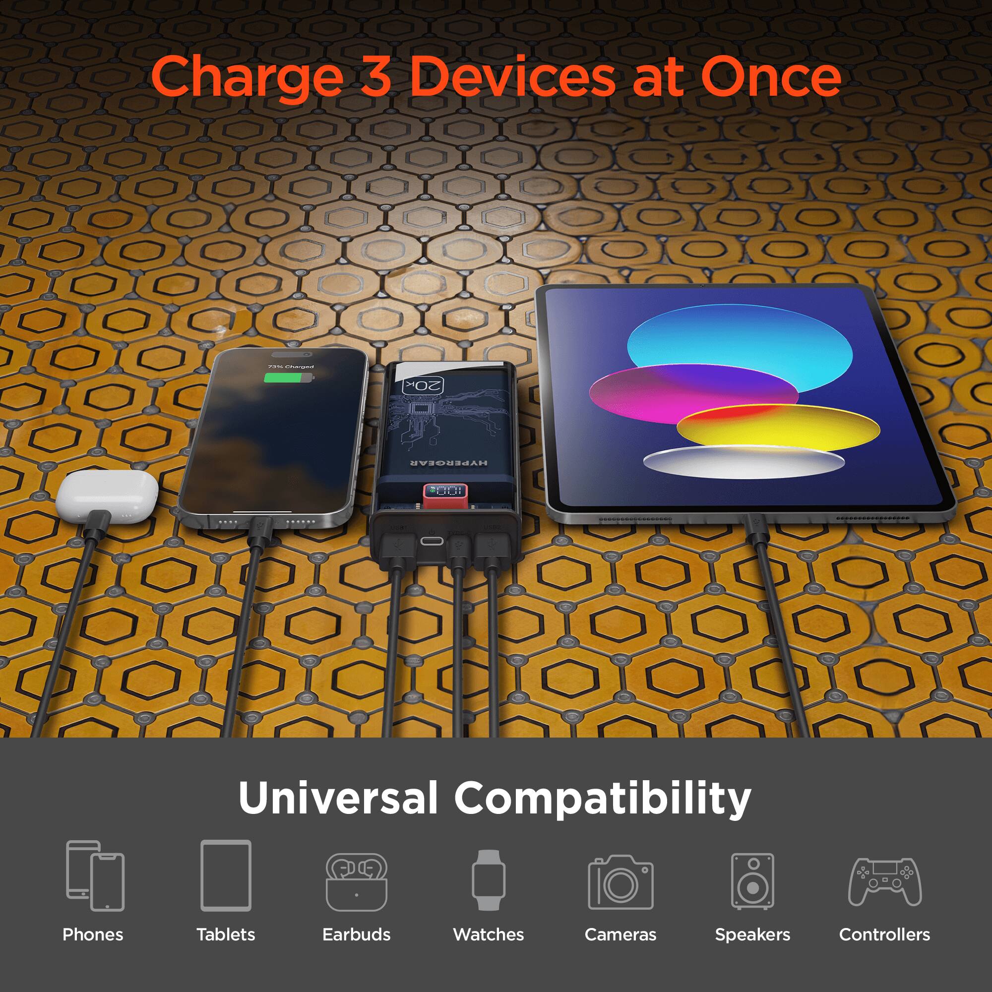 Charge 3 Devices at Once

Universal Compatibility

Phones | Tablets | Earbuds | Watches | Cameras | Speakers | Controllers