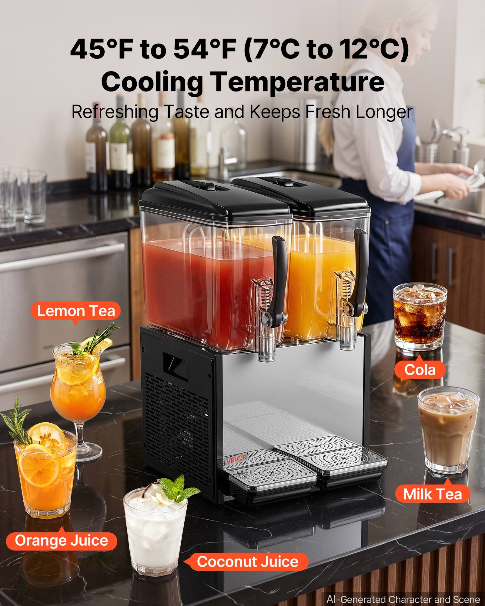 45°F to 54°F (7°C to 12°C) Cooling Temperature  
Refreshing Taste and Keeps Fresh Longer  

Lemon Tea  
Cola  
Milk Tea  
Orange Juice  
Coconut Juice  

AI-Generated Character and Scene