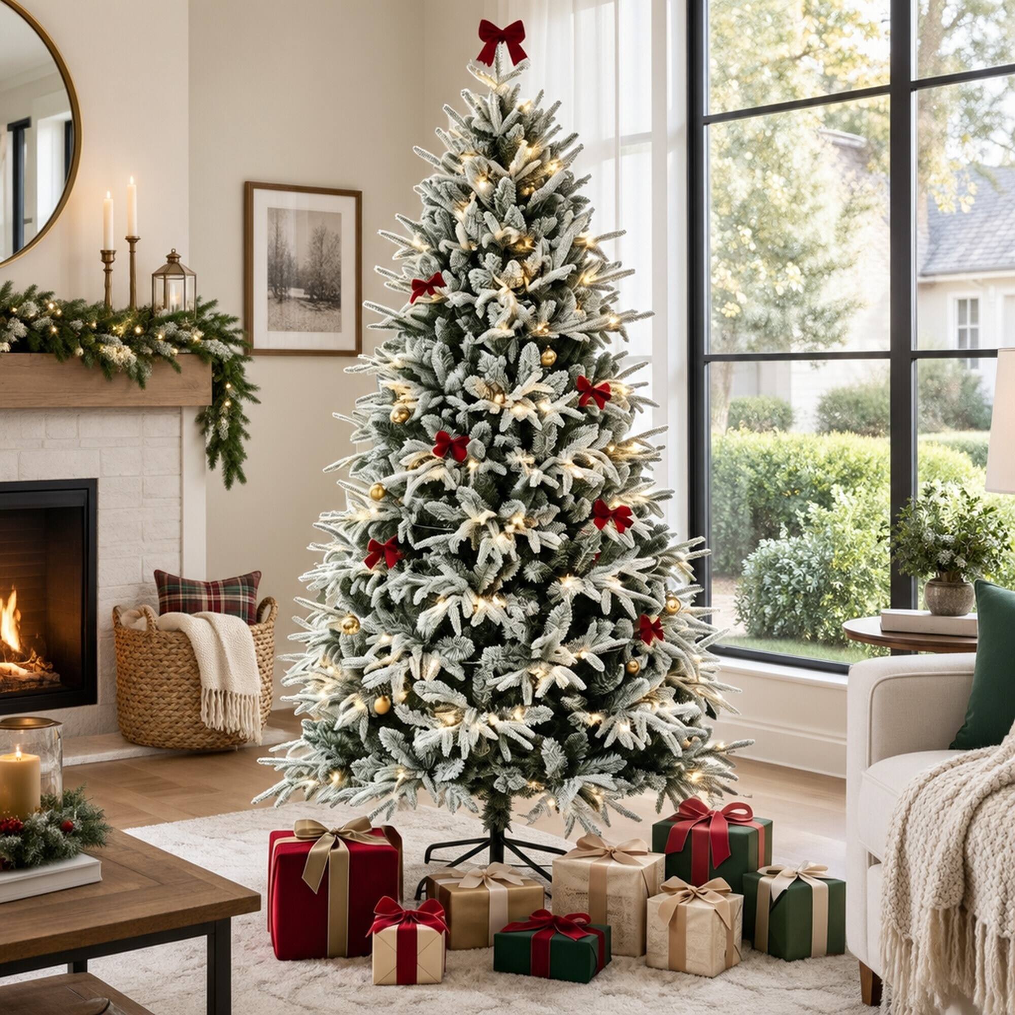 Back. RYHNUYNE - Pre-Lit Flocked Artificial Christmas Tree With Snow-Dusted Realistic Tips and Easy Setup - White+Green.