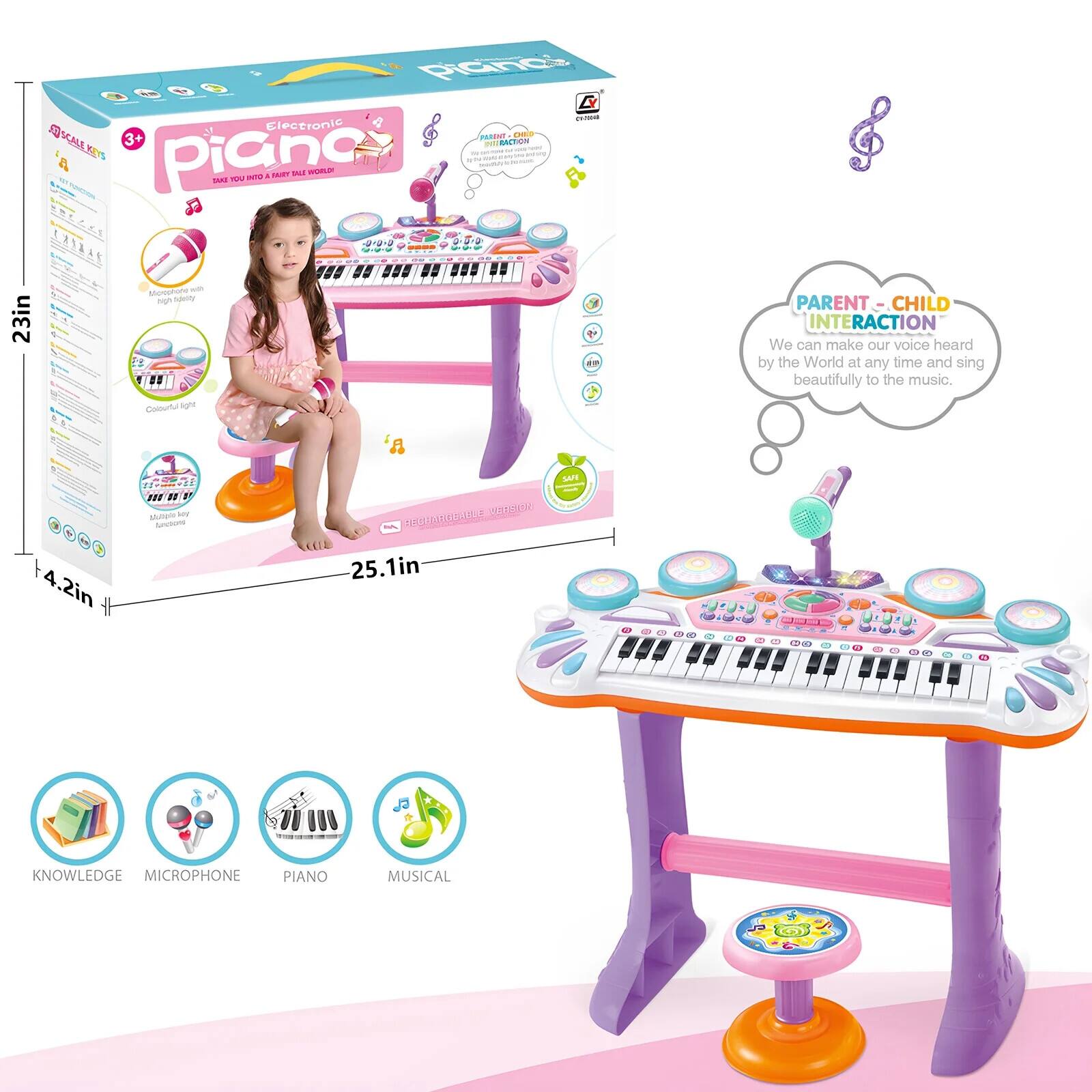 Sure, here is the corrected and grouped text from the image:

---

**Piano**

- Electronic Piano
- Take You Into a Fairy Tale World

**Features:**
- 3+
- 23in x 4.2in x 25.1in
- 61 keys
- Musical Light
- Microphone
- Parent-Child Interaction
- Knowledge
- Piano
- Musical

**Parent-Child Interaction:**
- We can make our voice heard by the World at any time and sing beautifully to the music.

**Icons:**
- Knowledge
- Microphone
- Piano
- Musical

**Additional Text:**
- PIANO
- ELECTRONIC
- PARENT CHILD INTERACTION
- We can make our voice heard by the World at any time and sing beautifully to the music.
- P8
- KNOWLEDGE MICROPHONE PIANO MUSICAL

---