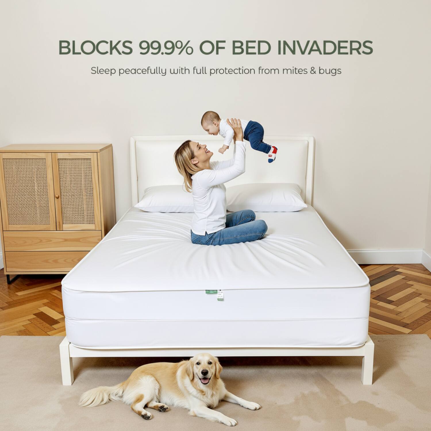 BLOCKS 99.9% OF BED INVADERS  
Sleep peacefully with full protection from mites & bugs