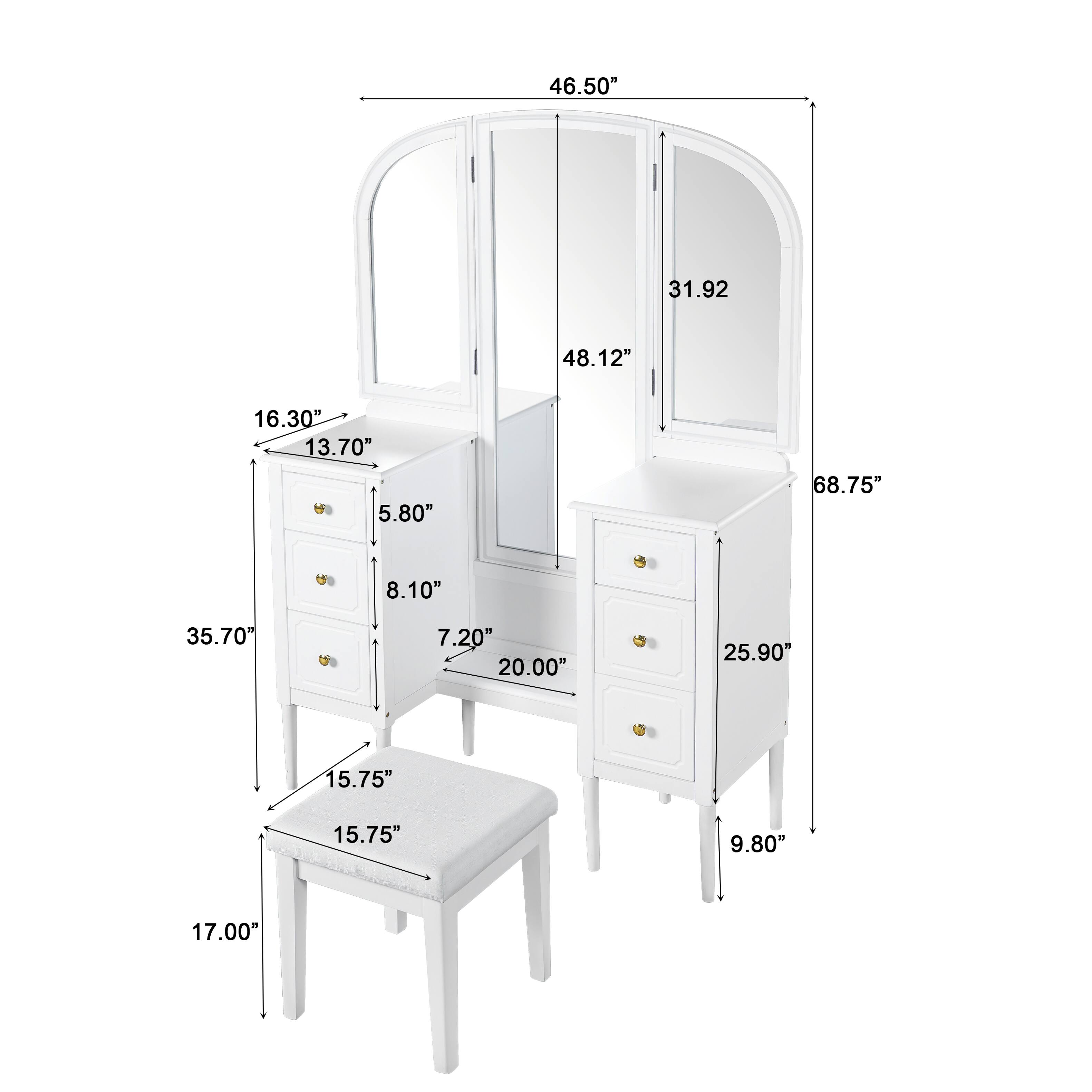 Sure, here is the corrected and grouped text from the image:

- Width: 46.50"
- Height: 68.75"
- Depth: 31.92"
- Mirror Height: 48.12"
- Dresser Height: 35.70"
- Dresser Width: 25.90"
- Dresser Depth: 9.80"
- Drawer Height: 8.10"
- Drawer Width: 20.00"
- Drawer Depth: 7.20"
- Bench Width: 16.30"
- Bench Depth: 13.70"
- Bench Height: 5.80"
- Bench Seat Height: 15.75"
- Bench Seat Depth: 15.75"
- Bench Overall Height: 17.00"