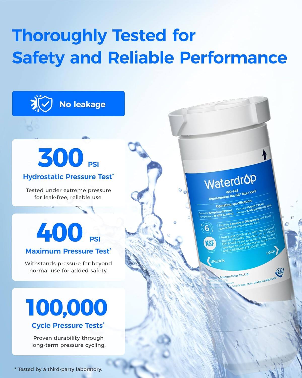 Thoroughly Tested for Safety and Reliable Performance

No leakage

300 PSI Hydrostatic Pressure Test*  
Tested under extreme pressure for leak-free, reliable use.

400 PSI Maximum Pressure Test*  
Withstands pressure far beyond normal use for added safety.

100,000 Cycle Pressure Tests*  
Proven durability through long-term pressure cycling.

Tested by a third-party laboratory.

Waterdrop WD-F48 XWF for: GE* filter Replacement  
Operating specification: 9pm (pm) kpal  
Flow rate: 20-100 psi (0.40-6.89 gallons per minute)  
Pressure: Capacity: 200 gallons, whichever is less  
Temperature: 33-100°F (0.6-38°C)  
Filter life: 6 months or 100,000 gallons (whichever comes first for chlorine reduction).  
6 months chlorine reduction).  
6 months for NSF International in Model Certified 42 claims  
Tested and NSF/ANSI Standard of the Sheet.  
against for the reduction Data NSF EFF-60485 on the Performance (s0.25% lead) specified NSF