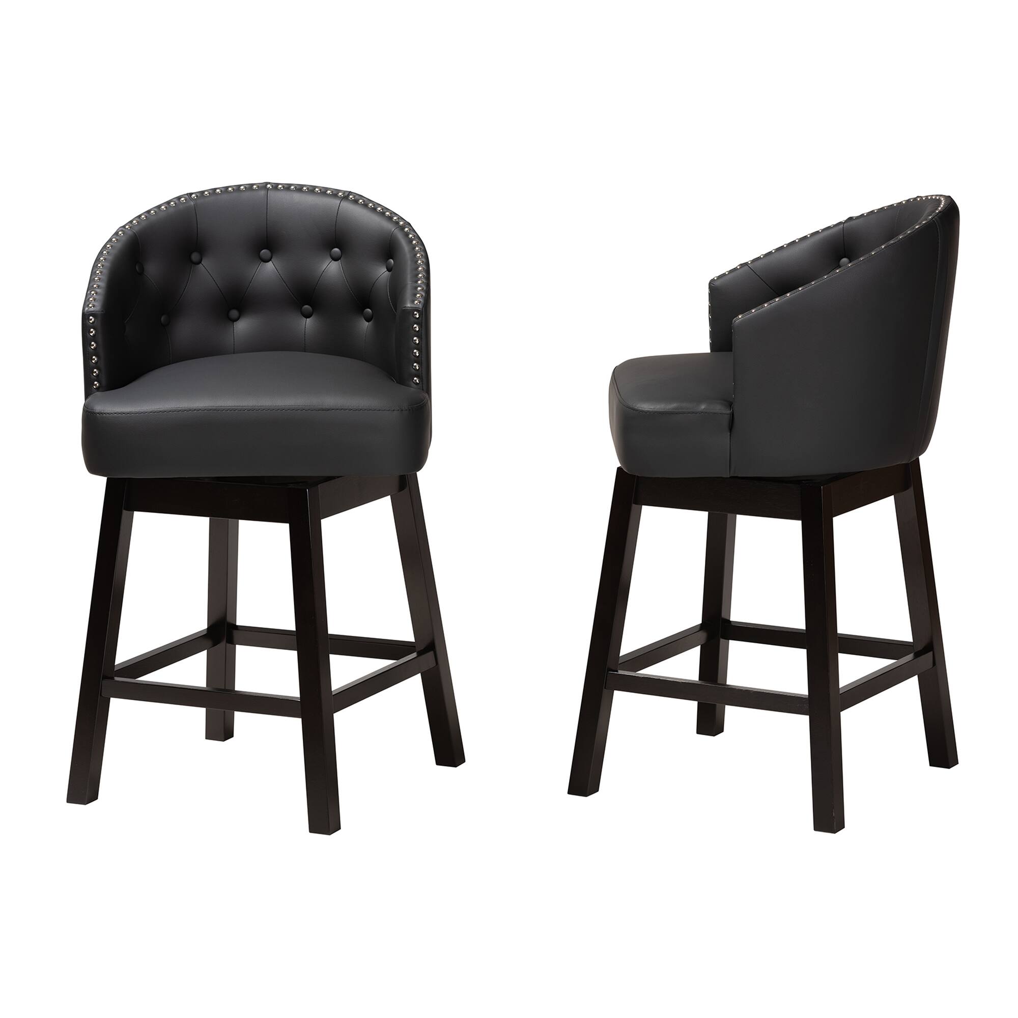 Left. Baxton Studio - Theron Mid-Century Transitional Faux Leather and Espresso Finished Wood 2-Piece Swivel Counter Stool Set - Black/Espresso Brown.