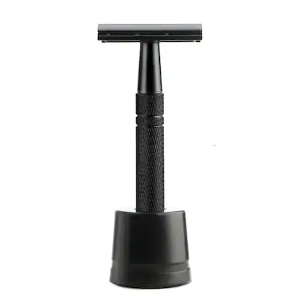 Front. Dazzed Corner - Double Edge Safety Razor with Stand, 10 Blades, Reusable Metal - Matte Black.