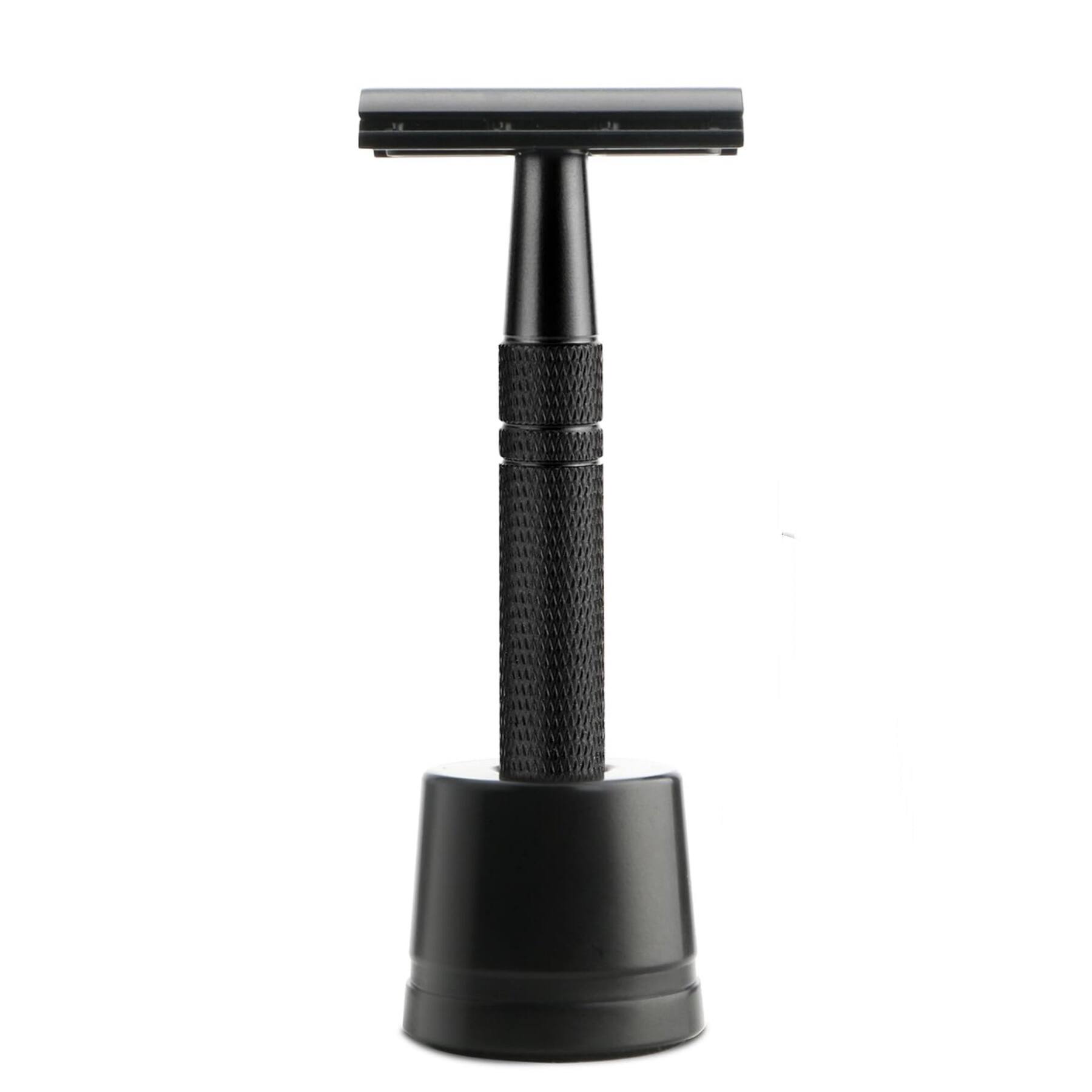 Front. Dazzed Corner - Double Edge Safety Razor with Stand, 10 Blades, Reusable Metal - Matte Black.