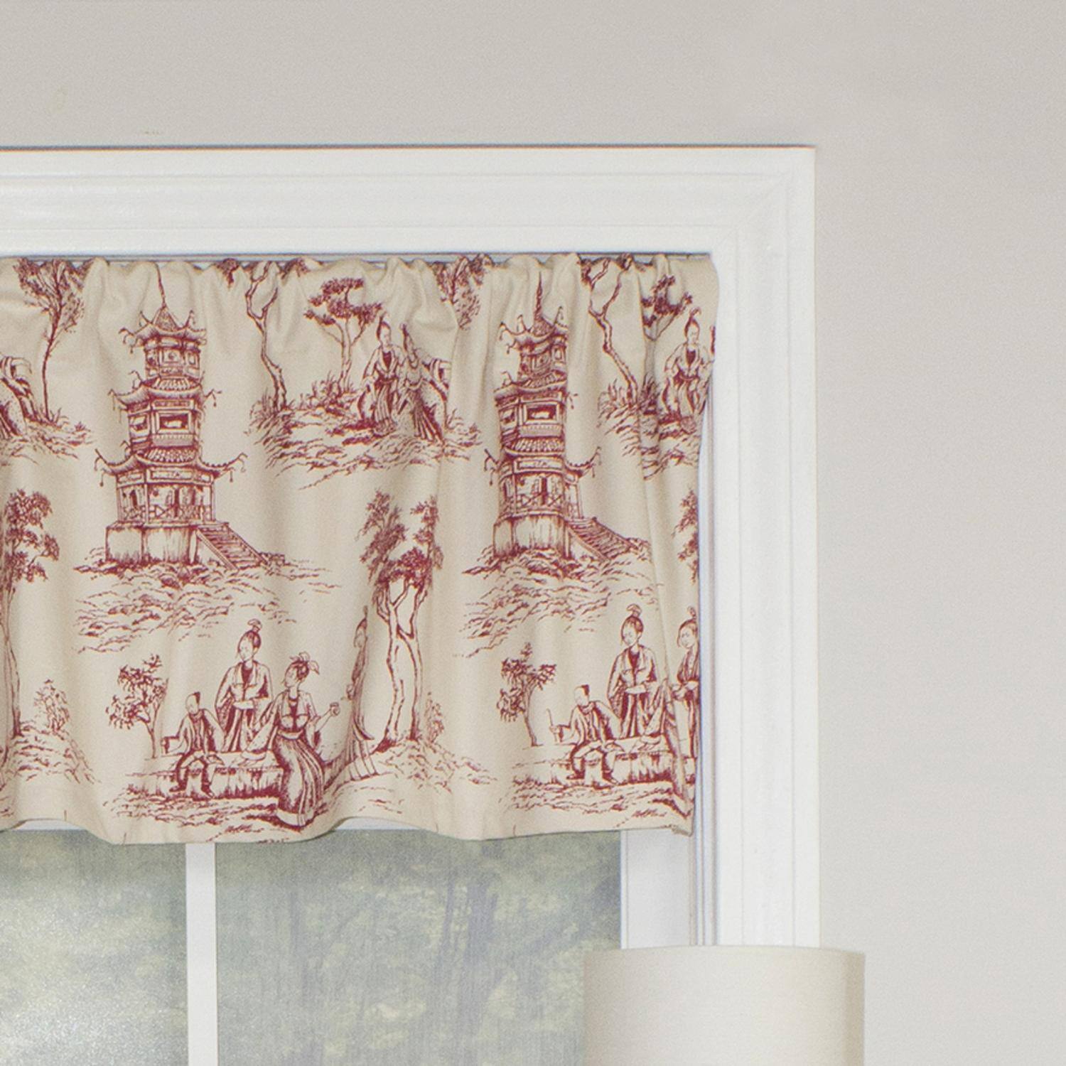 Left. RLF Home - RLF Home Naomi Toile Tailored 100% Cotton with Fully Lined 3" Rod Pocket Valnance for Windows 50" x 14" Red - Red.