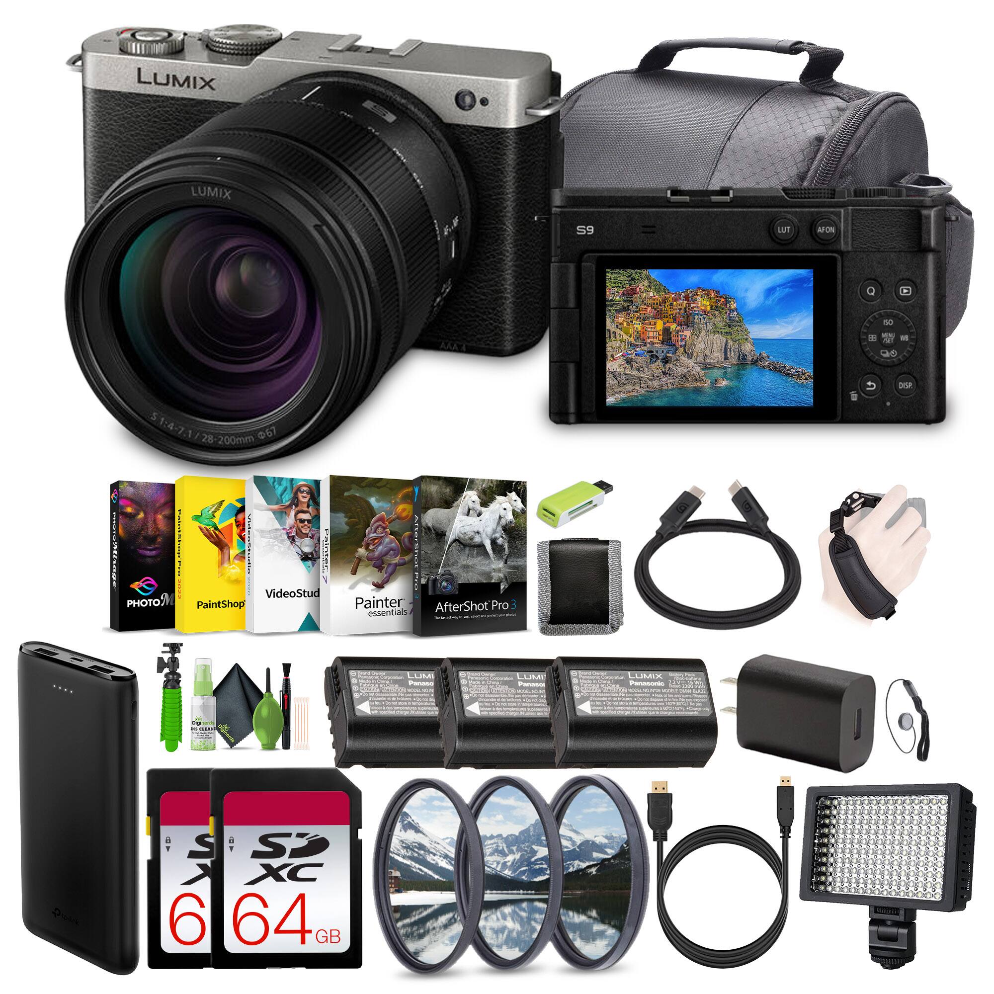 LUMIX LUMIX S9 A AFO s ASET  
- - - 51:4-7:12 28 200mm 67 i 5 4  
| | | ! PAILTEE VideoStud PHOTO) PaintShop AnaIsha O Painter AfterShot Pro essentials CLAA I - - CE - C- i - E -  
4 S SP > XC 6 64 GB  

LUMIX S9  
LUMIX  
5.1-7.1/28-200mm (67)  

PaintShop Pro  
VideoStudio  
Painter essentials  
AfterShot Pro  

SDXC 64 GB  
LUMIX Battery  
LUMIX Battery Charger  
LUMIX AC Adapter  
LUMIX Lens Hood  
LUMIX Lens Cap  
LUMIX Camera Bag  
LUMIX Camera Strap  
LUMIX Cleaning Kit  
LUMIX LED Light