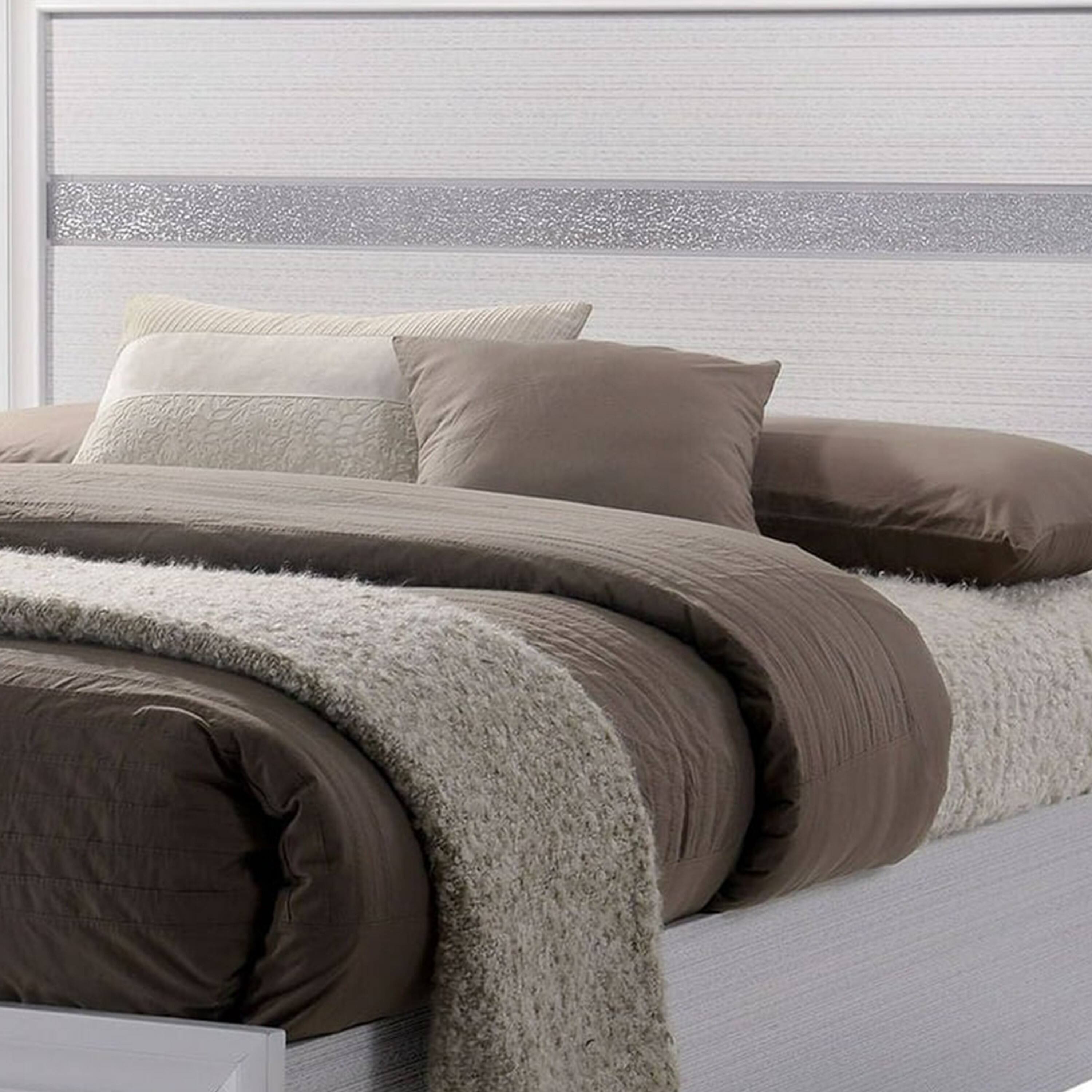 Angle. Manhattan Lane - Cevy Full Size Bed, Footboard Drawers, White Wood w Glitter Accents - White, Silver.