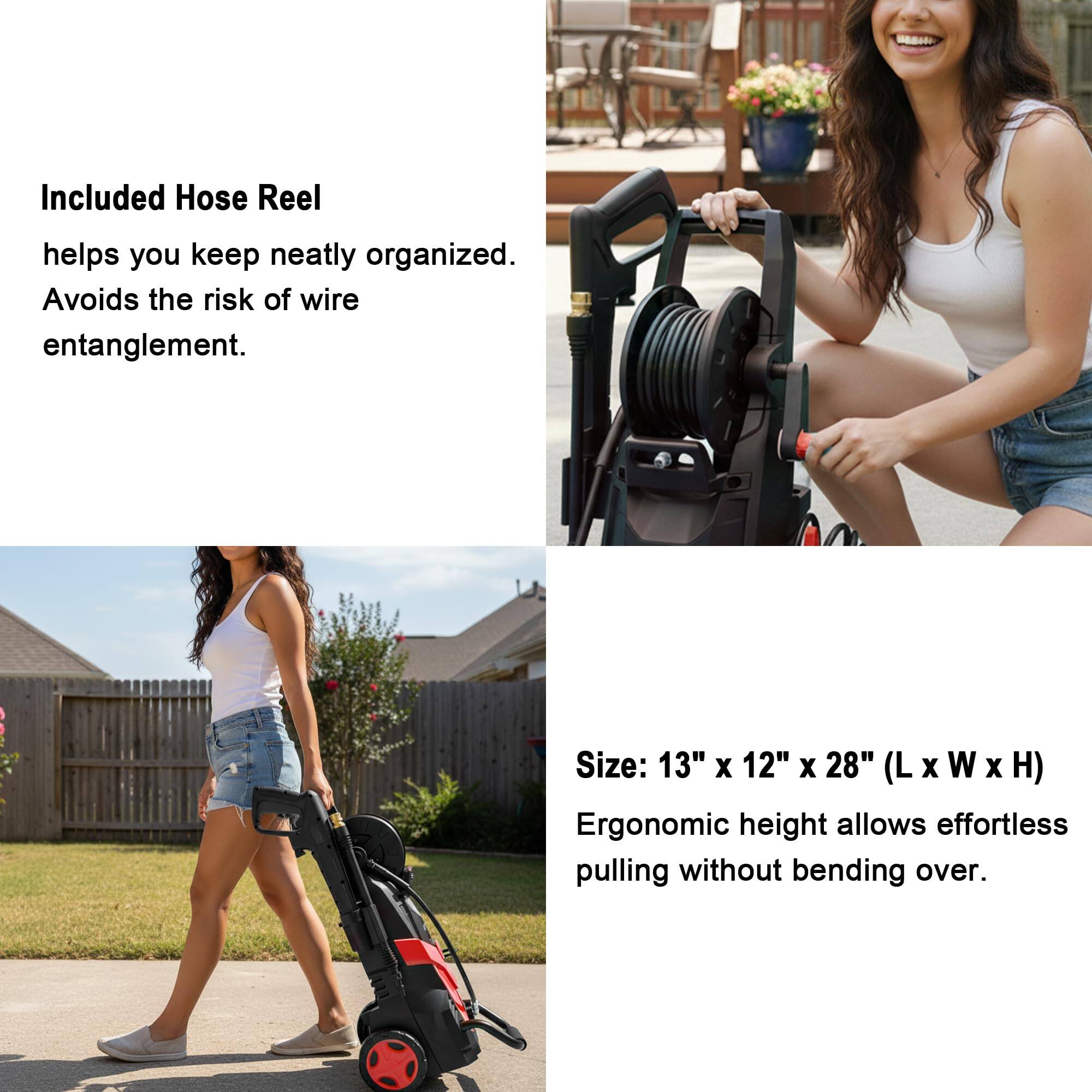 Included Hose Reel  
helps you keep neatly organized.  
Avoids the risk of wire entanglement.  

Size: 13" x 12" x 28" (L x W x H)  
Ergonomic height allows effortless pulling without bending over.