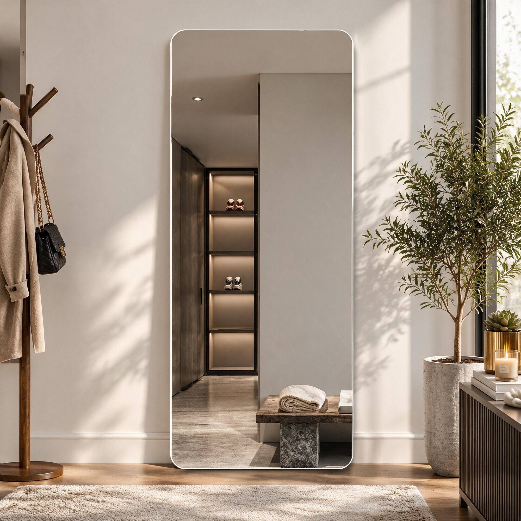Angle. RYHNUYNE - 60x15 Inch Full Body Mirror, Frameless Rounded Corners, Aluminum Frame, Wall Mounted for Bedroom and Living Room - Silver.