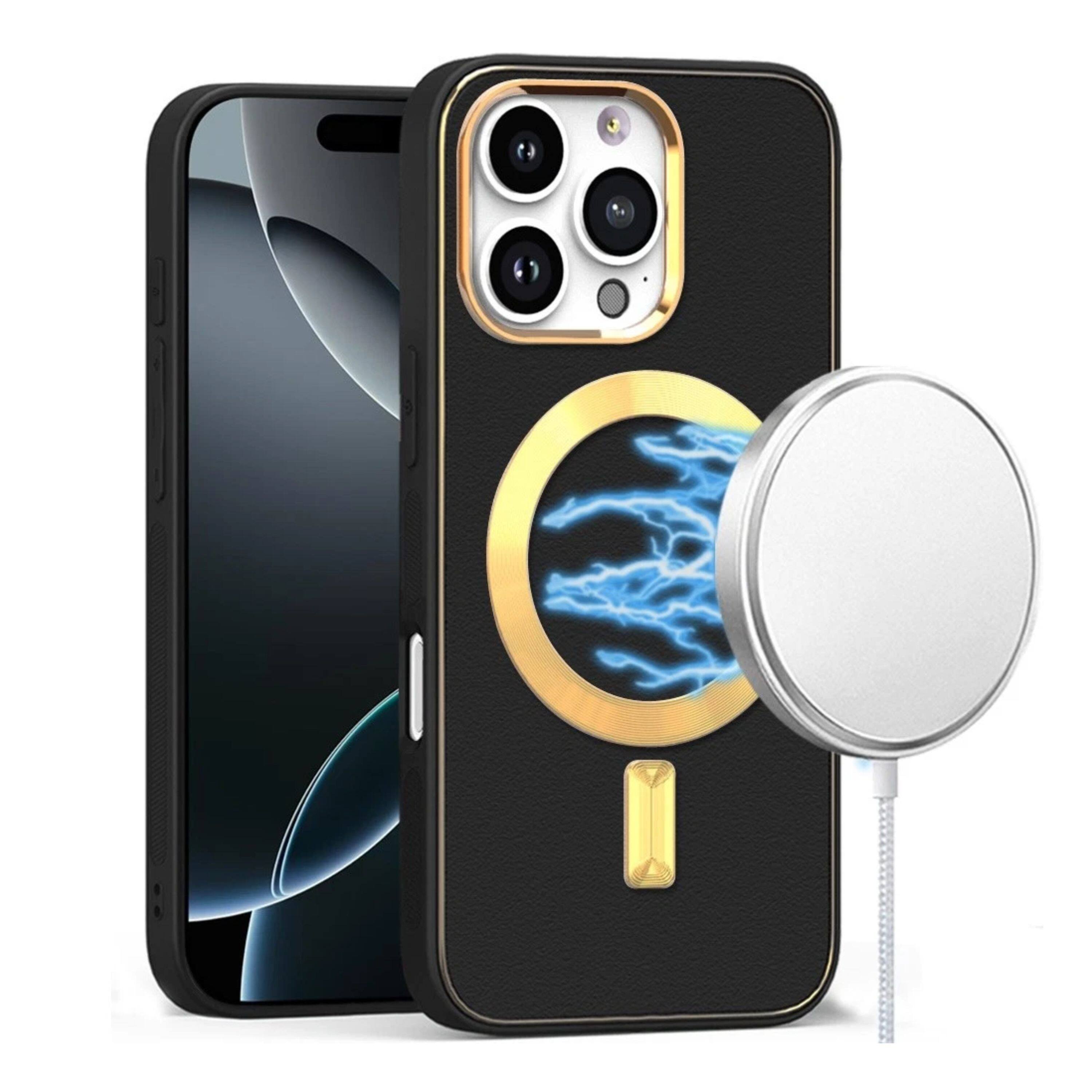 Angle. Kitcheniva - Vegan Leather Cover Magnetic Circle Phone Case With Tempered Glass For iPhone 16 Pro Black - Black.