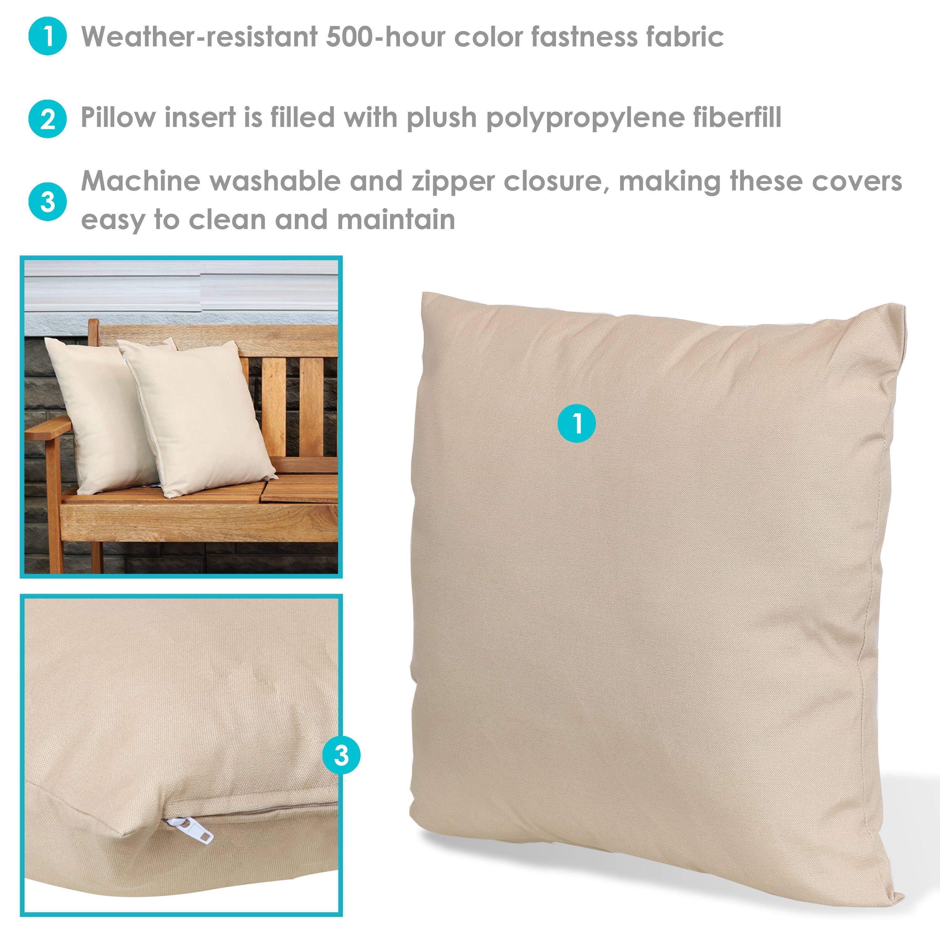1. Weather-resistant 500-hour color fastness fabric

2. Pillow insert is filled with plush polypropylene fiberfill

3. Machine washable and zipper closure, making these covers easy to clean and maintain