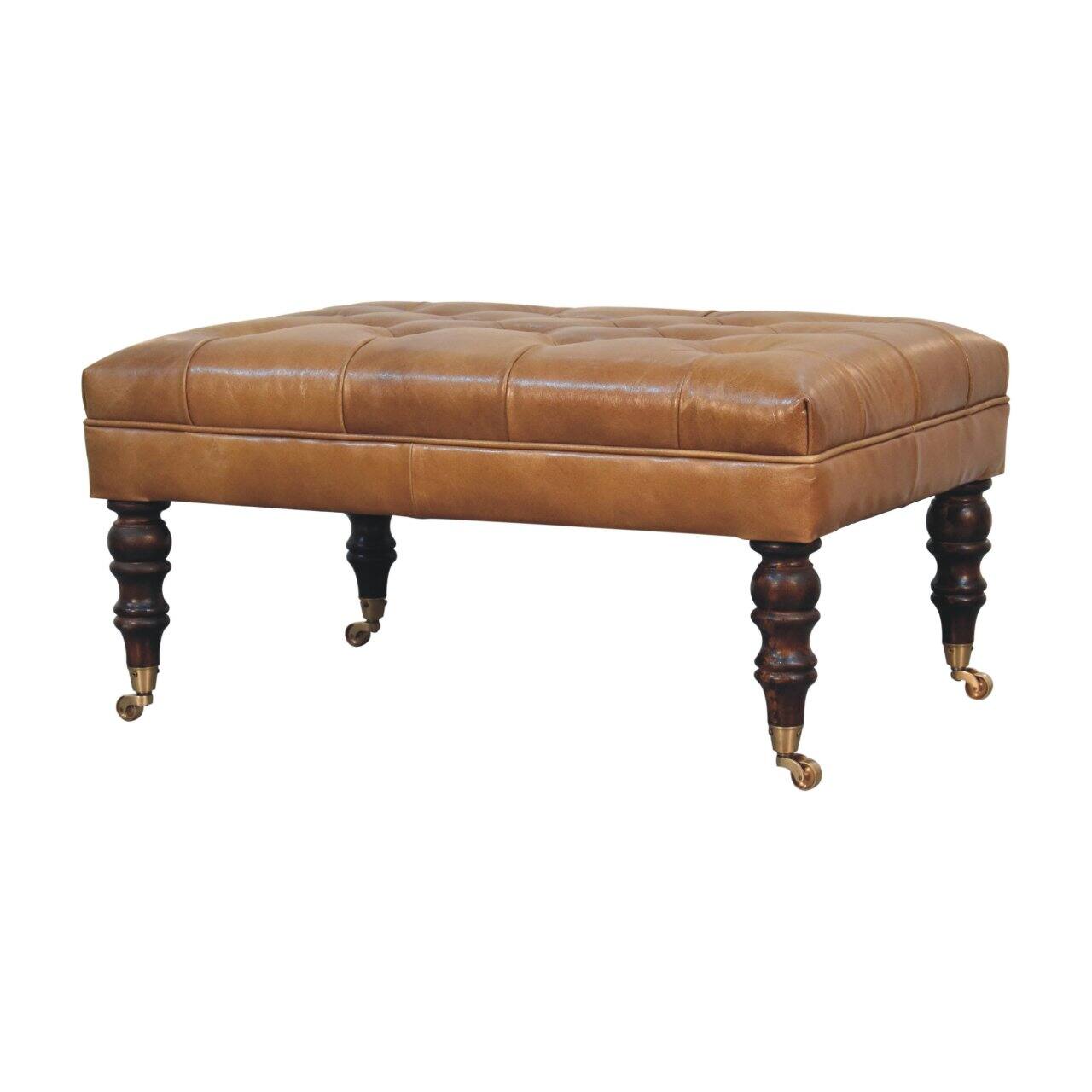Back. Artisan Furniture - Artisan Furniture Solid Wood California Walnut Buffalo Brown Leather Ottoman with Castor Legs, Upholstered, Brown Color - Brown.