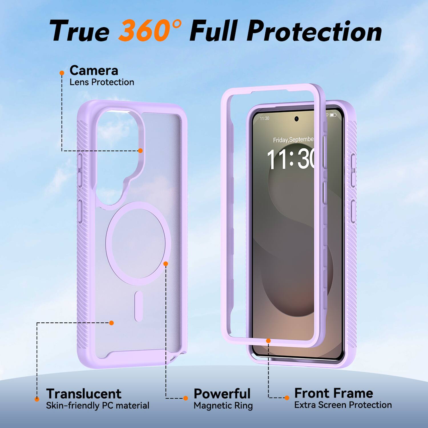 True 360° Full Protection

- Camera Lens Protection
- Translucent Skin-friendly PC material
- Powerful Magnetic Ring
- Front Frame Extra Screen Protection
