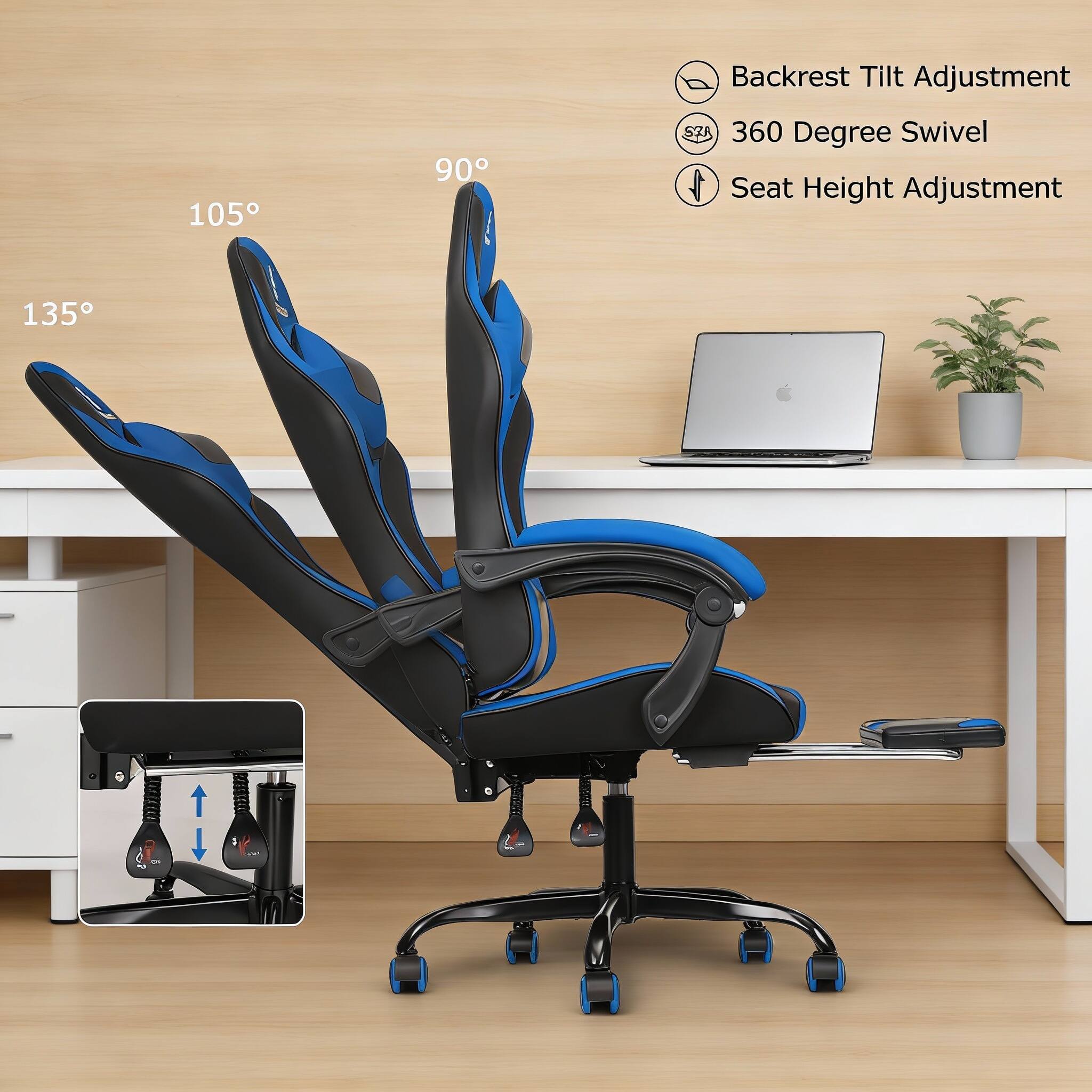 105° 90° Backrest Tilt Adjustment 360 Degree Swivel Seat Height Adjustment 135°